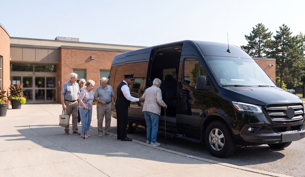 Seniors group boarding a black Sprinter at a Toronto community centre on a bright morning