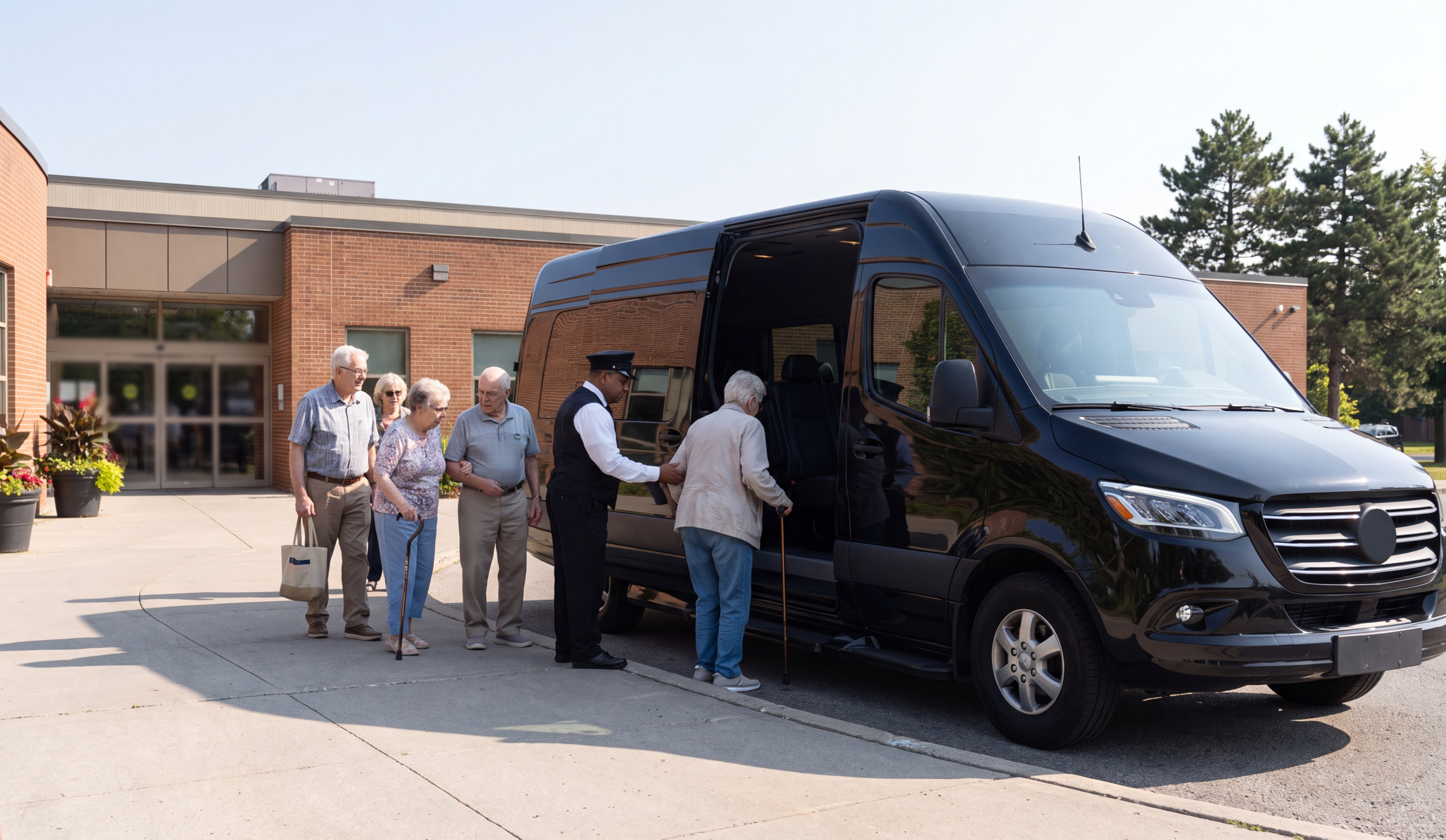 A seniors group boarding a black Sprinter van outside a Toronto community centre on a bright morning