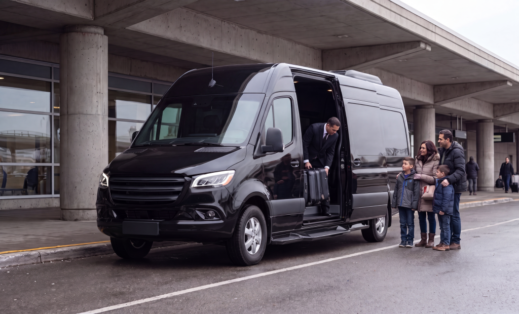 Black Mercedes-Benz Sprinter at an airport kerb with the chauffeur stepping out to a waiting family of four