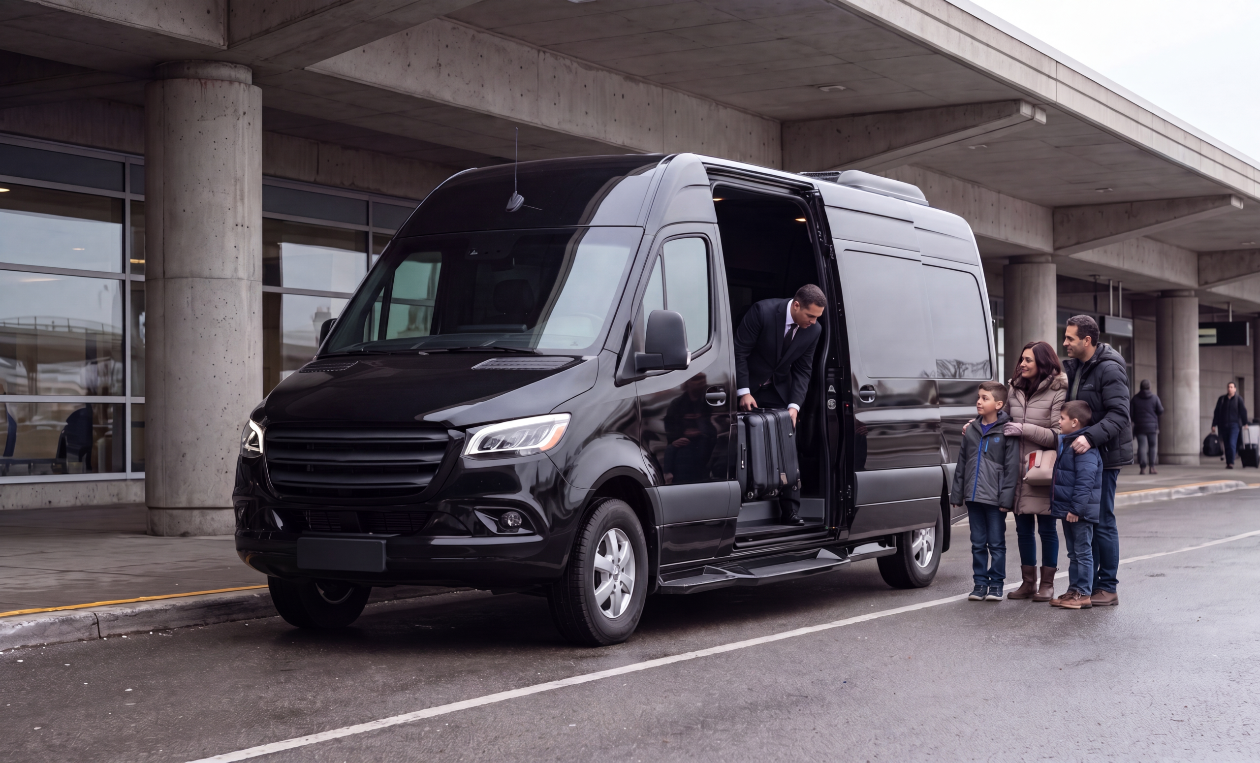 Black Mercedes-Benz Sprinter at an airport pickup canopy with a waiting family