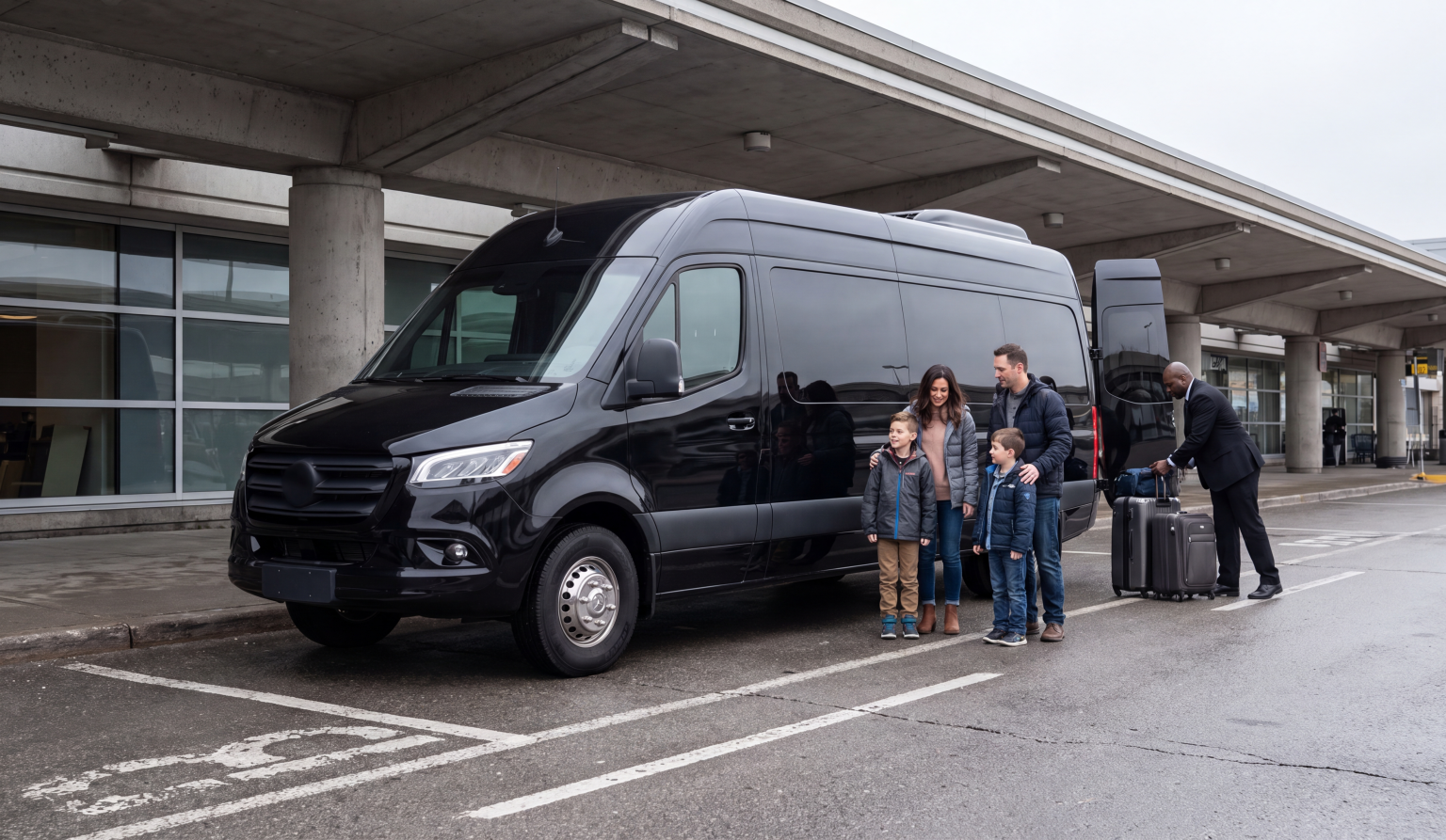 Family of four with two children and rolling luggage standing beside a black Mercedes-Benz Sprinter at an airport terminal kerb while a chauffeur loads bags