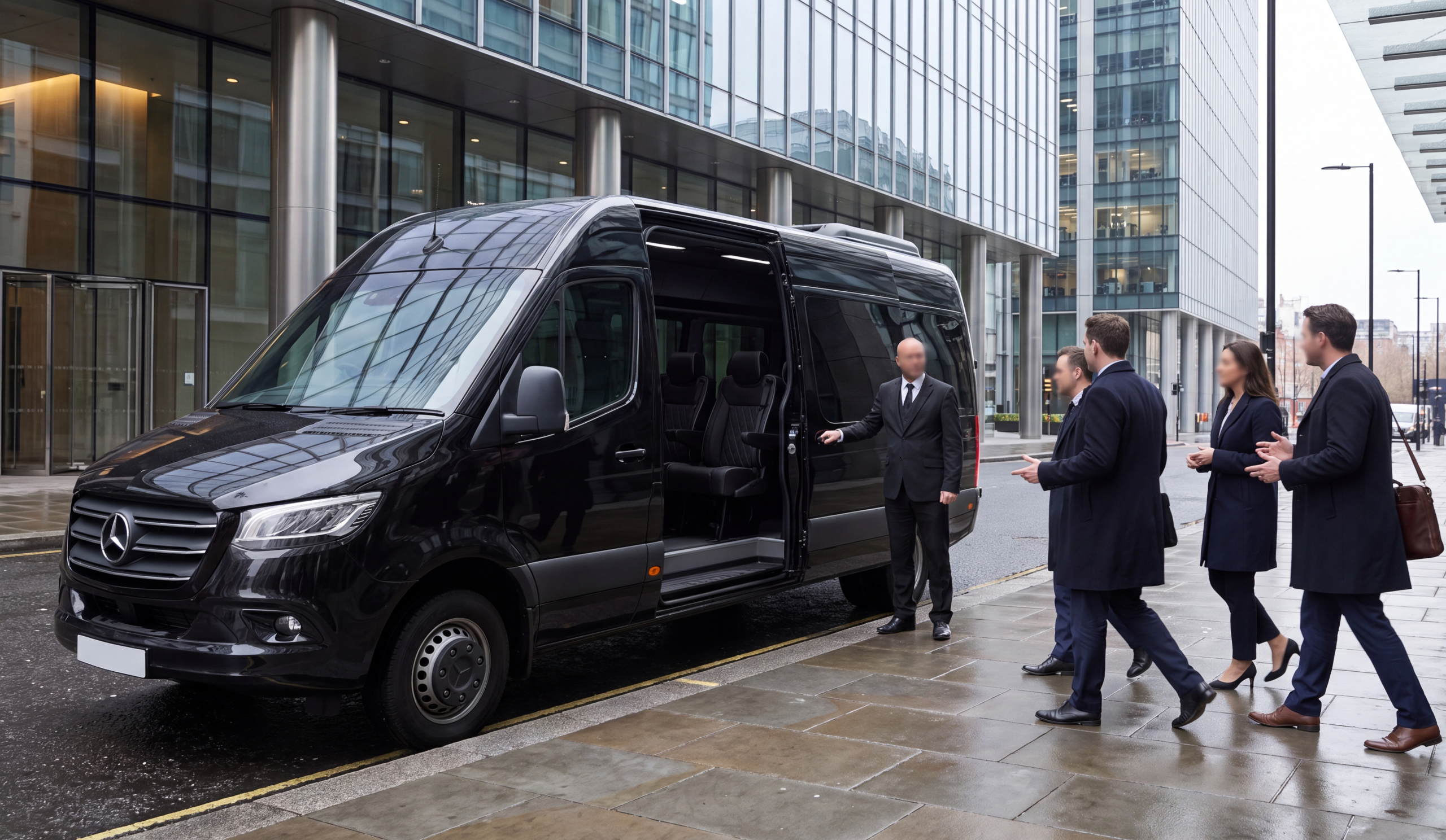 Black executive Mercedes Sprinter at a downtown Toronto office tower with 3 professionals boarding