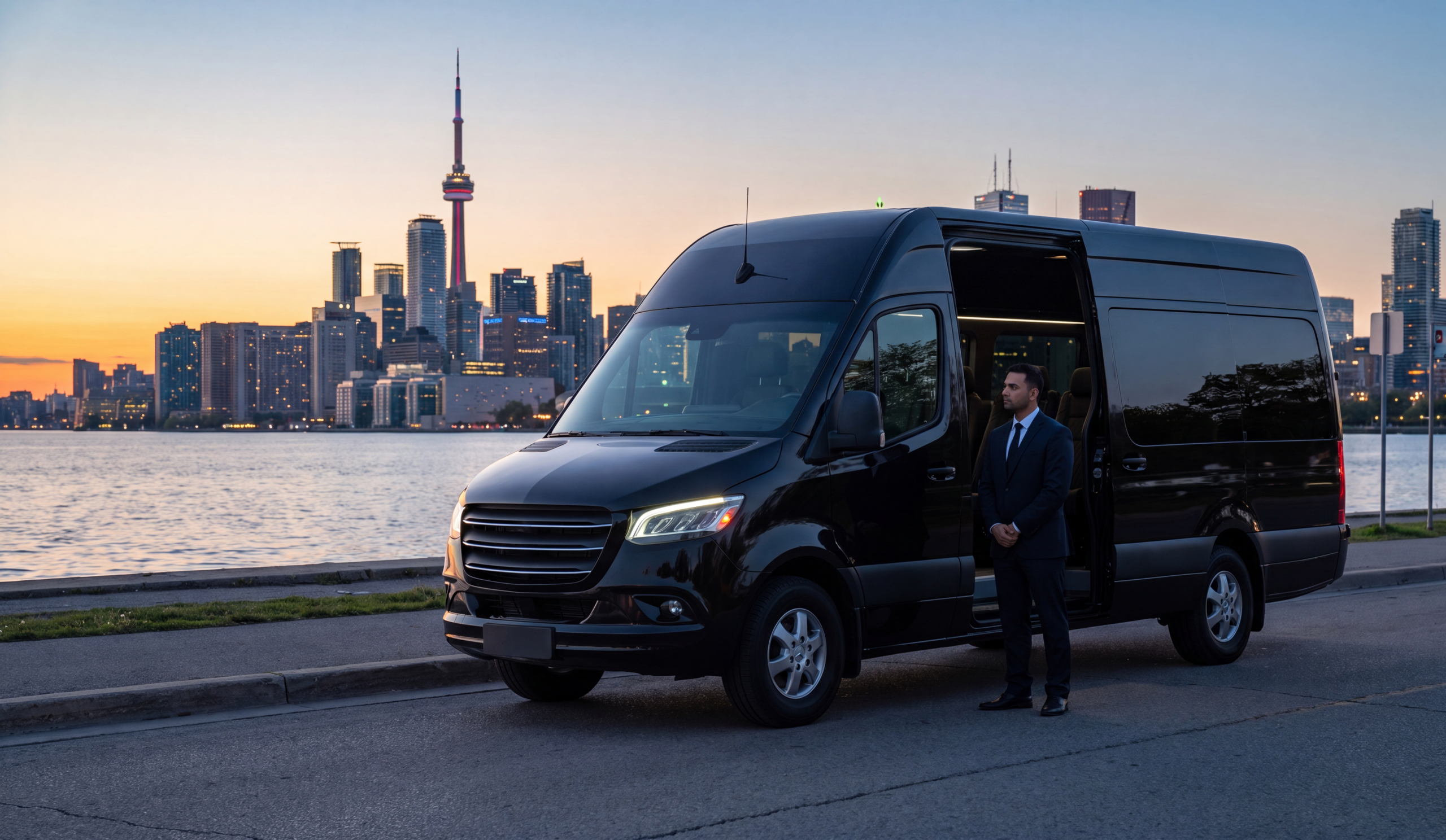 Brantford Airport Limo Service: Executive & Wedding Car Service to Pearson 8 Black Sprinter and chauffeur with the Toronto skyline at dusk