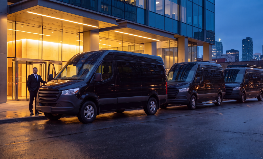 RM Locations 13 Three black Sprinter vans representing Regular, Executive, and LUX tiers parked together outside a Toronto office tower at dusk
