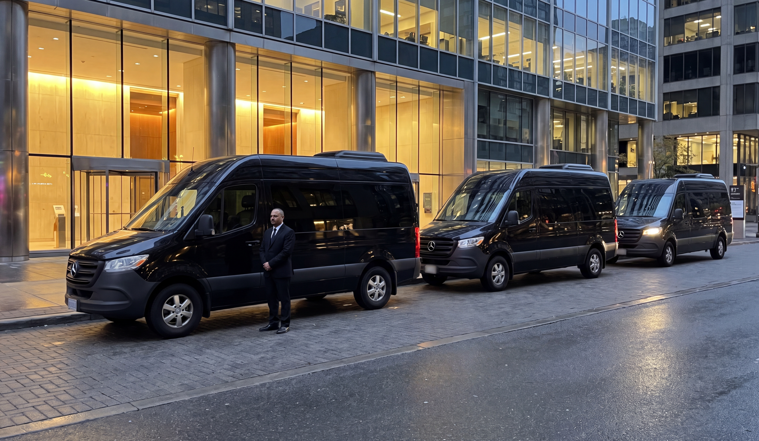 Three black Mercedes Sprinter vans lined up outside a downtown Toronto office tower at dusk with a chauffeur standing beside the lead vehicle