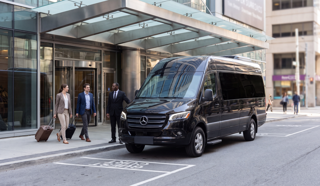 Black Sprinter at a hotel glass canopy kerb with a uniformed chauffeur greeting two travellers with rolling luggage