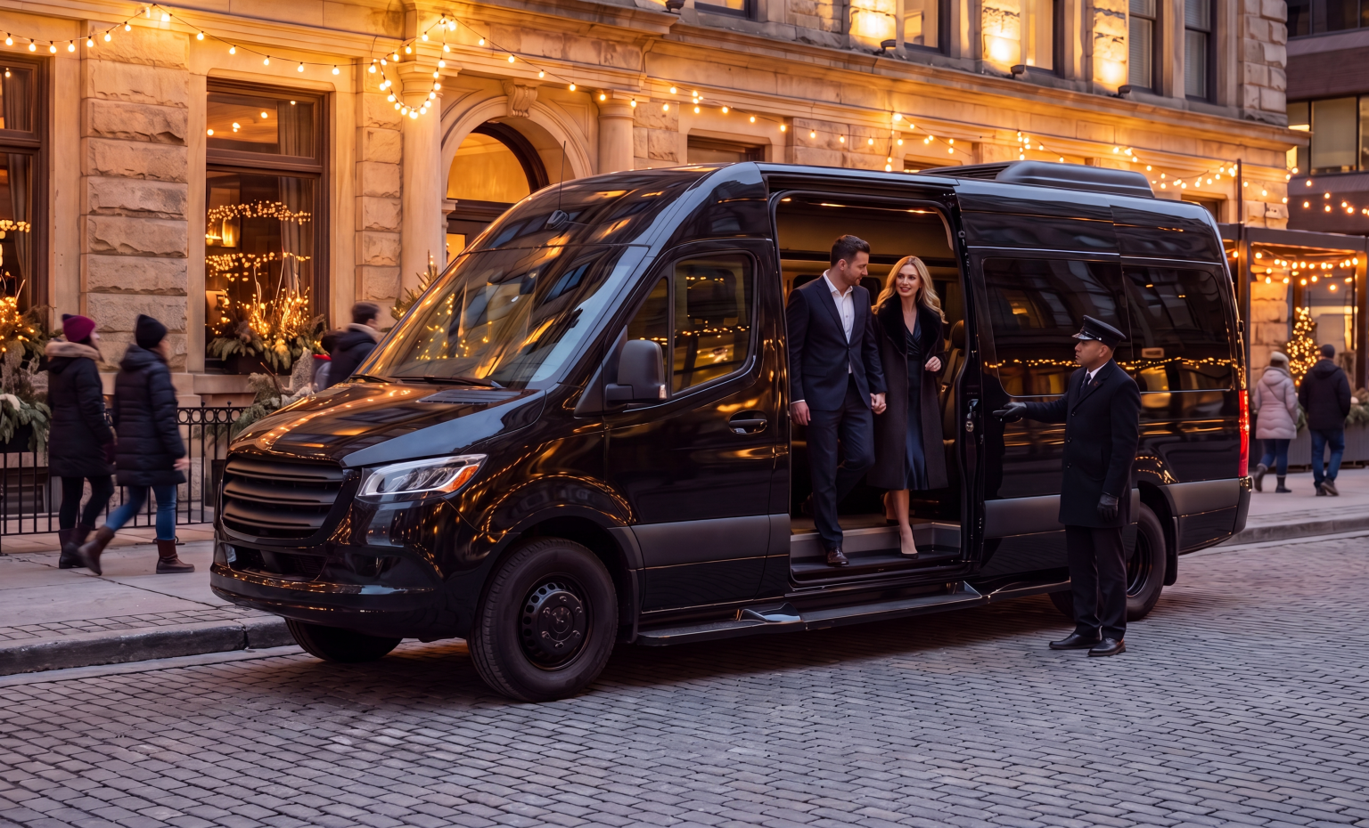 Black Mercedes-Benz Sprinter parked on a cobblestone street strung with string lights outside a warmly lit venue at dusk, with a couple in formalwear stepping out as a chauffeur holds the door