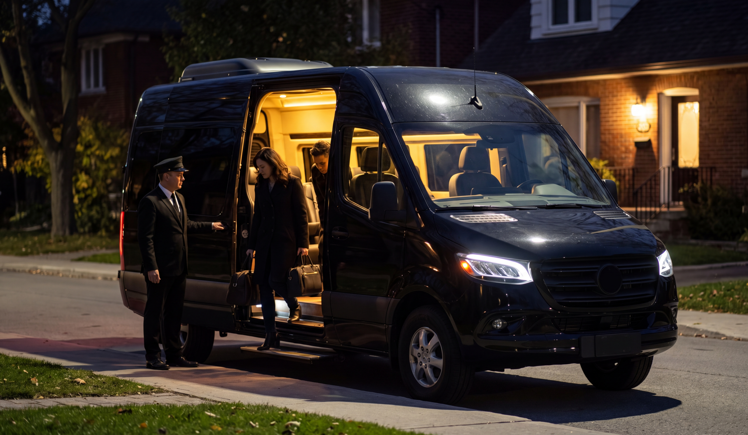 Black Mercedes-Benz Sprinter Regular at a quiet Belleville Ontario home kerb in the evening, chauffeur holding the door as a business traveler steps down with a bag