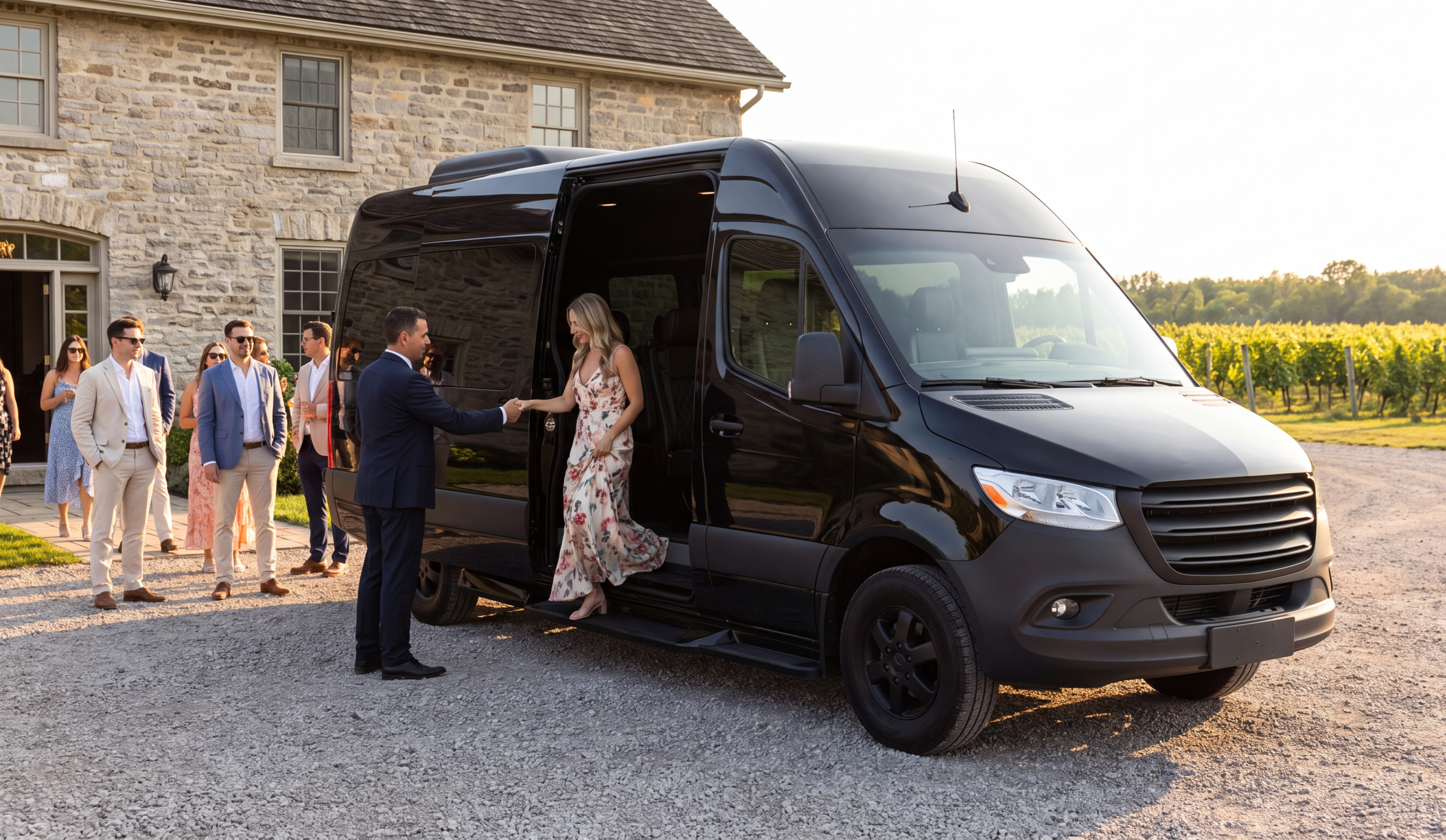 Chauffeur helping a wedding guest step out of a black Sprinter at a stone estate venue