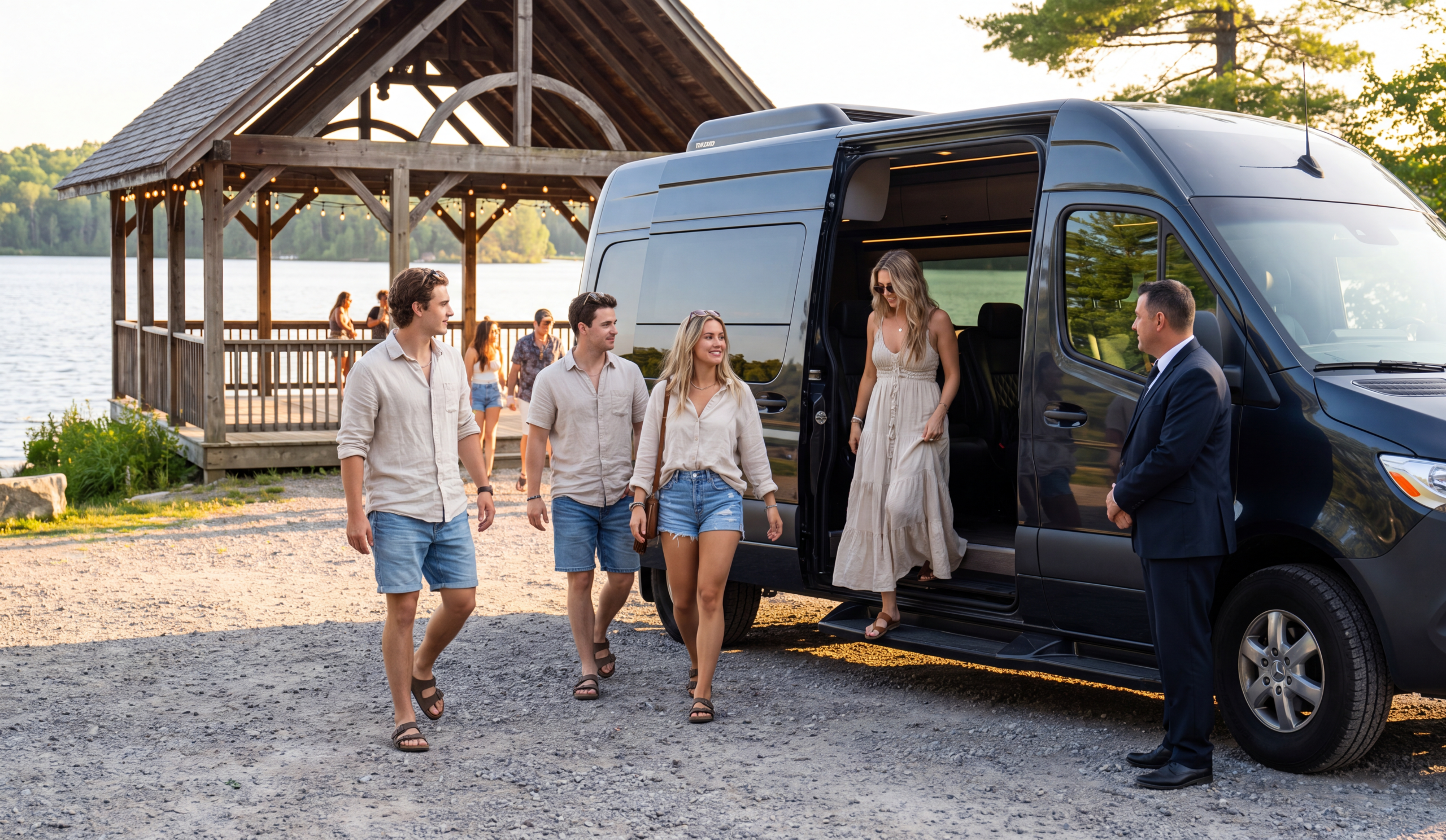 Group arriving by Sprinter at a Bala Ontario lakeside venue