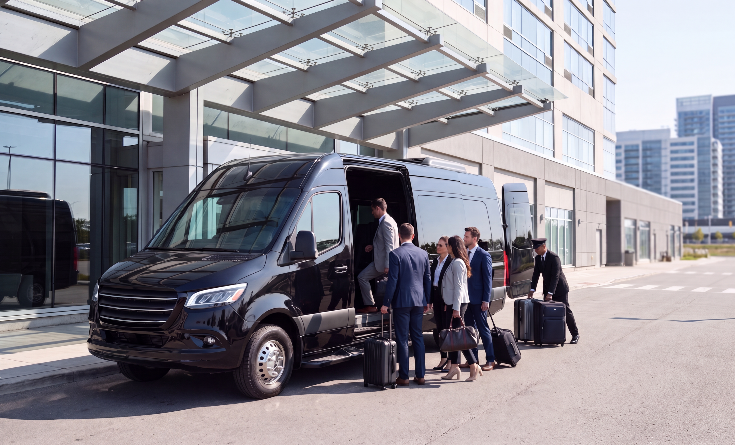 Black Sprinter staged for a corporate airport run outside a Mississauga hotel
