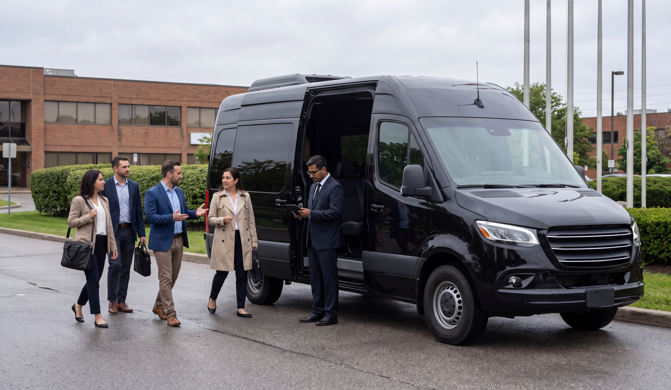 Sprinter Van Ski Shuttle Blue Mountain - 14-Pax from $175/hr 6 Four business travelers walking toward an open black Sprinter van at a Toronto business park, a chauffeur checking a tablet by the door