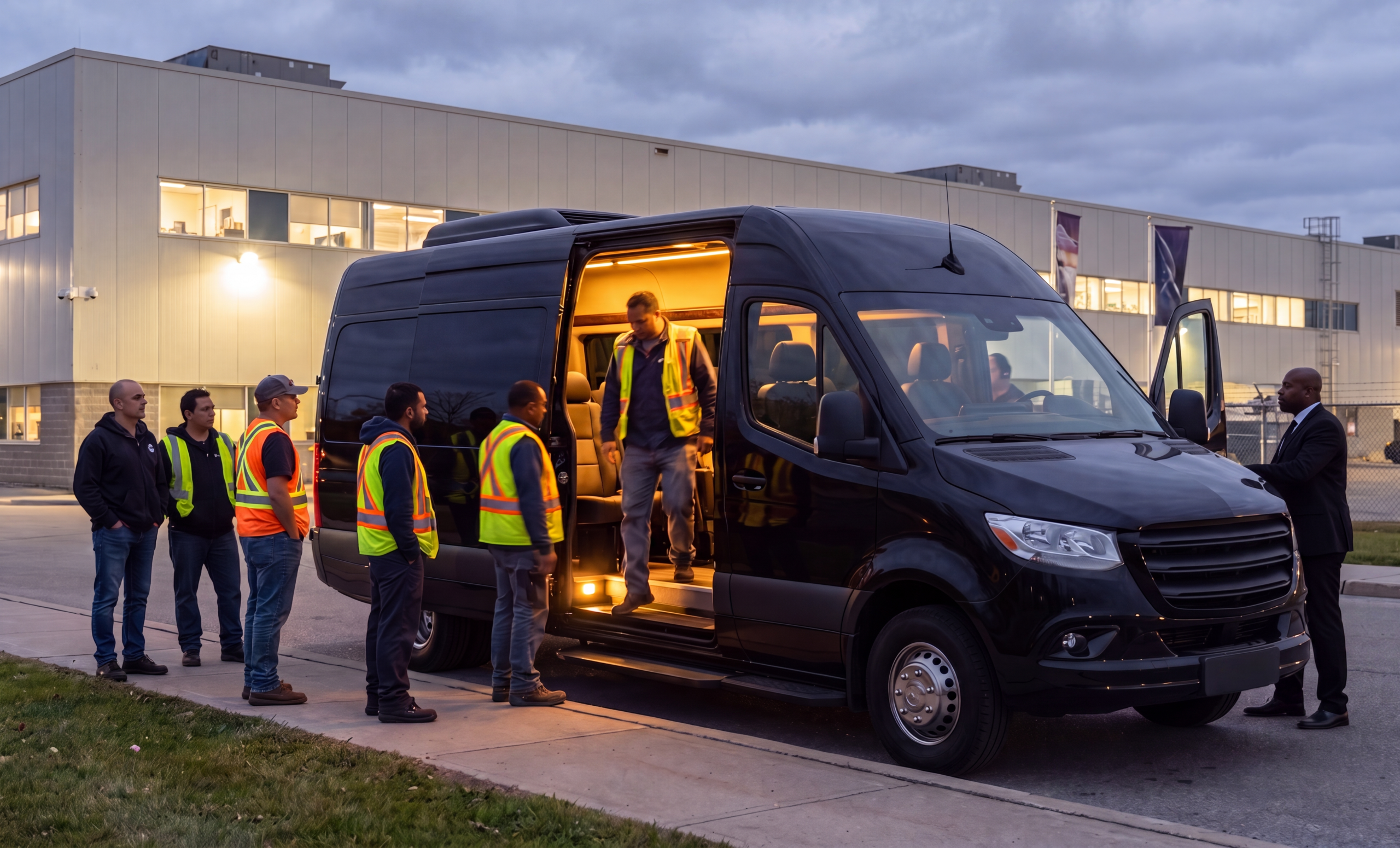 Two groups exchanging at a black shuttle during an evening shift change in Mississauga