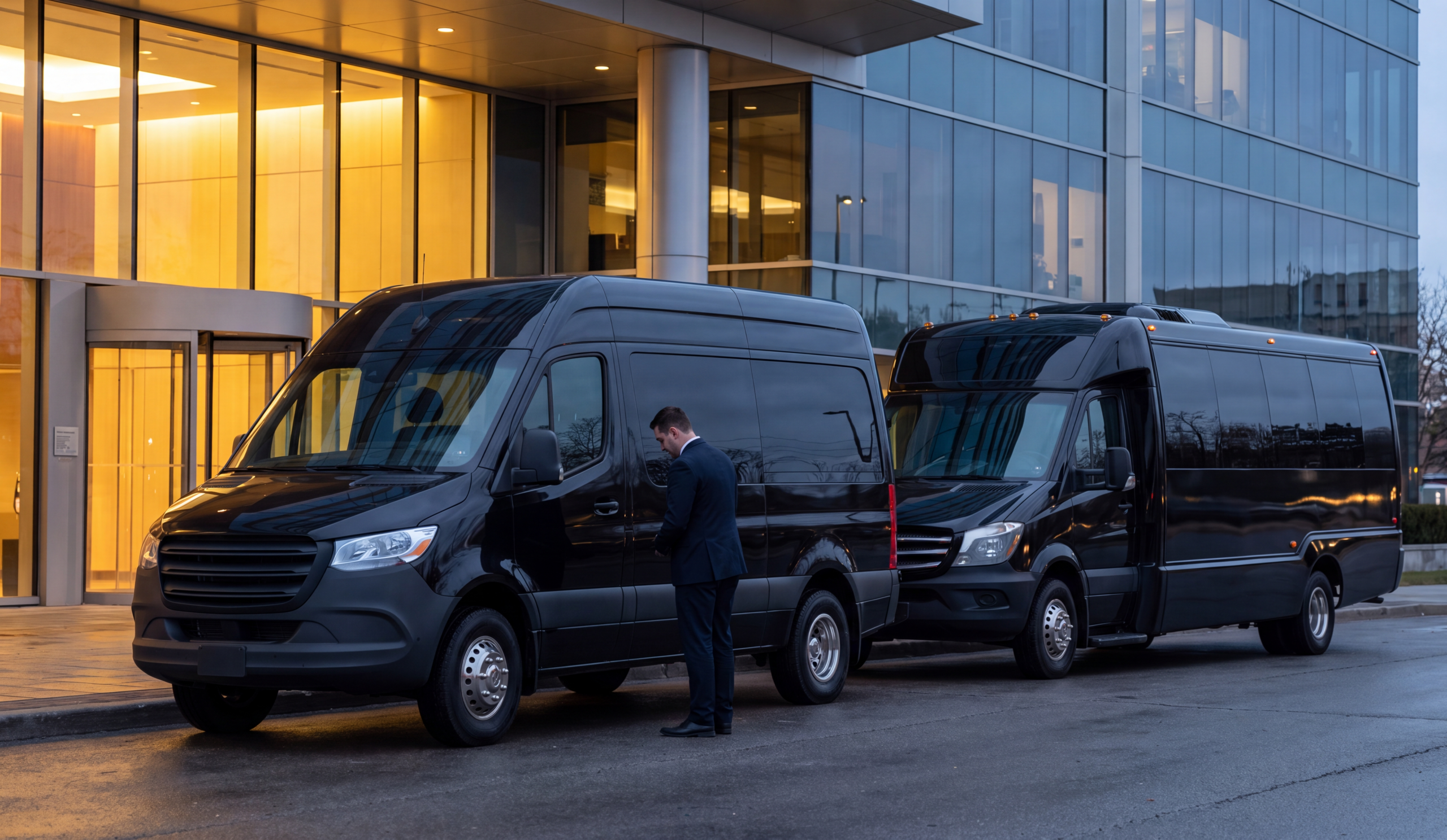 Black Sprinter and mini coach staged together outside a Mississauga office tower at dusk