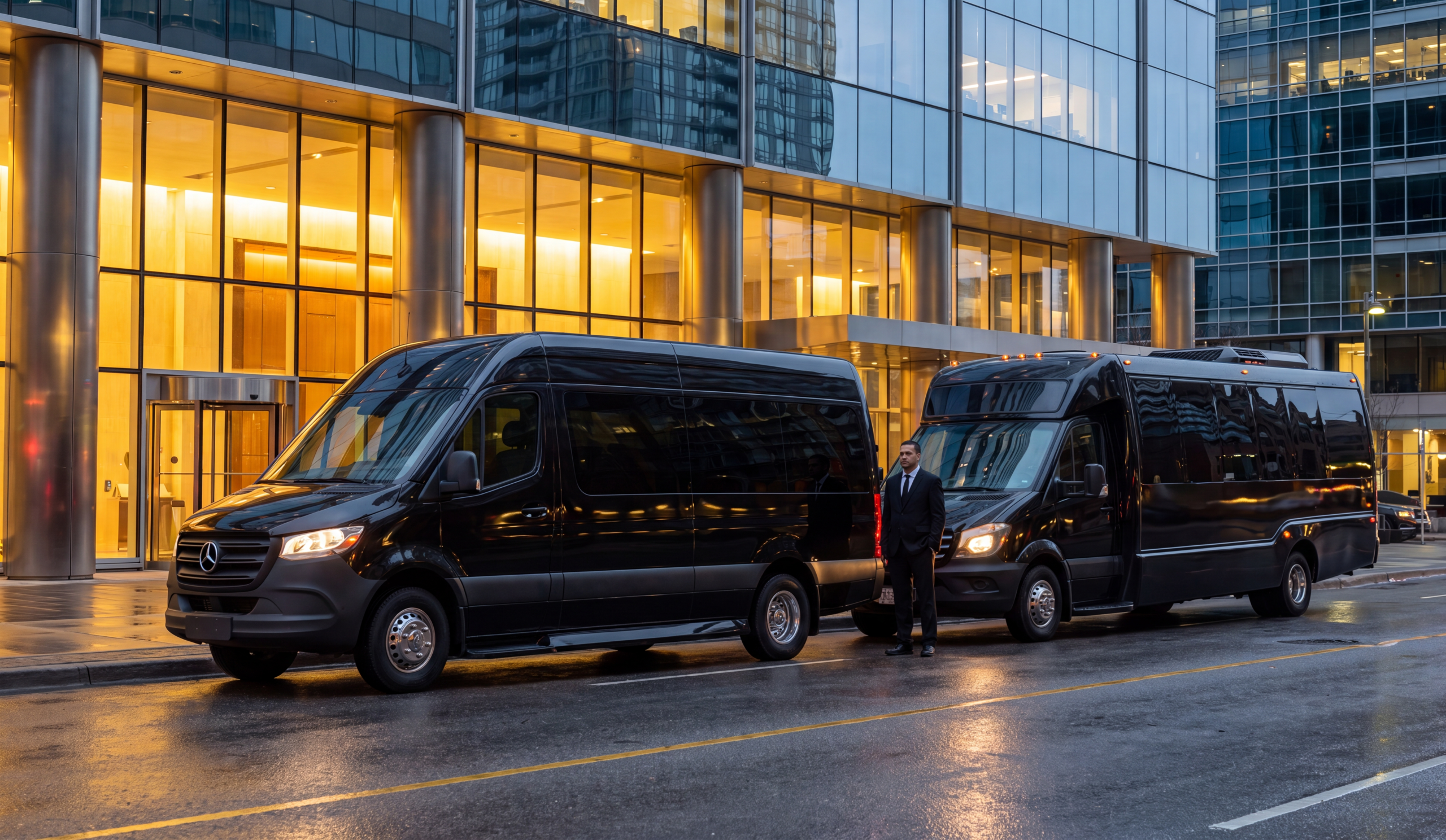Sprinter Van Ski Shuttle Blue Mountain - 14-Pax from $175/hr 1 A black Mercedes-Benz Sprinter van and a black mini coach parked side by side outside a Toronto office tower at dusk, a chauffeur standing between them