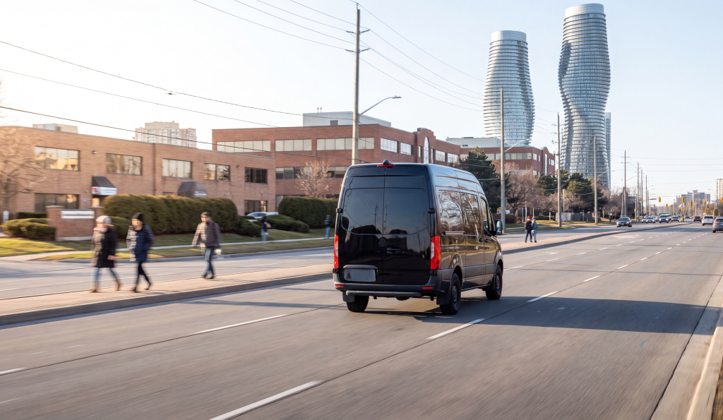 Black shuttle van on a quiet Mississauga arterial road on a bright morning run