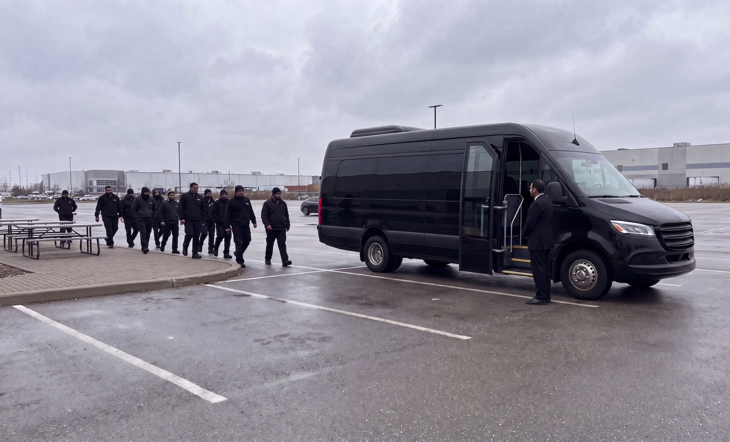 Black mini coach staged in a Mississauga industrial lot for a workforce run