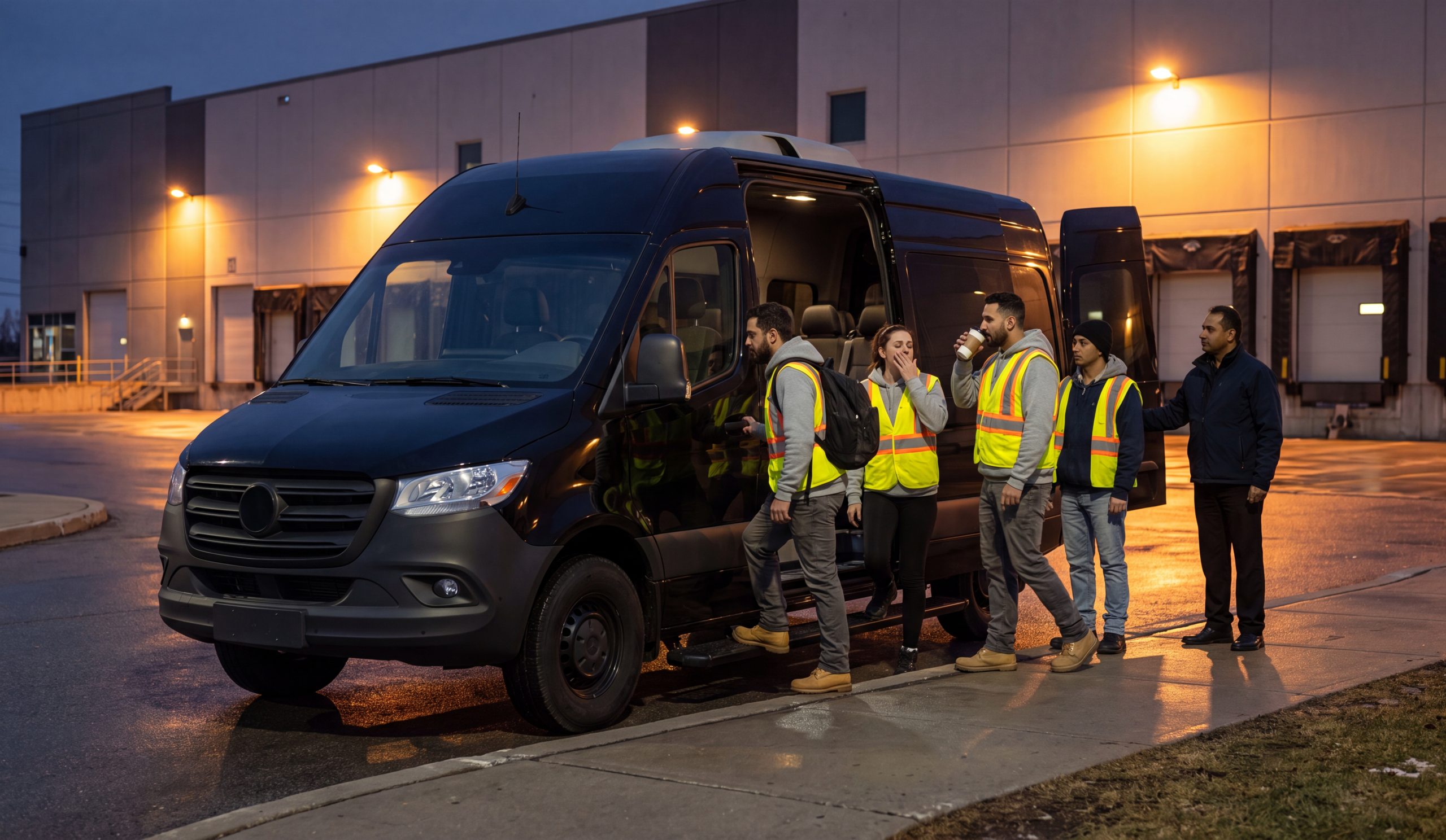 Warehouse shift workers boarding a black shuttle van in pre-dawn darkness in Mississauga