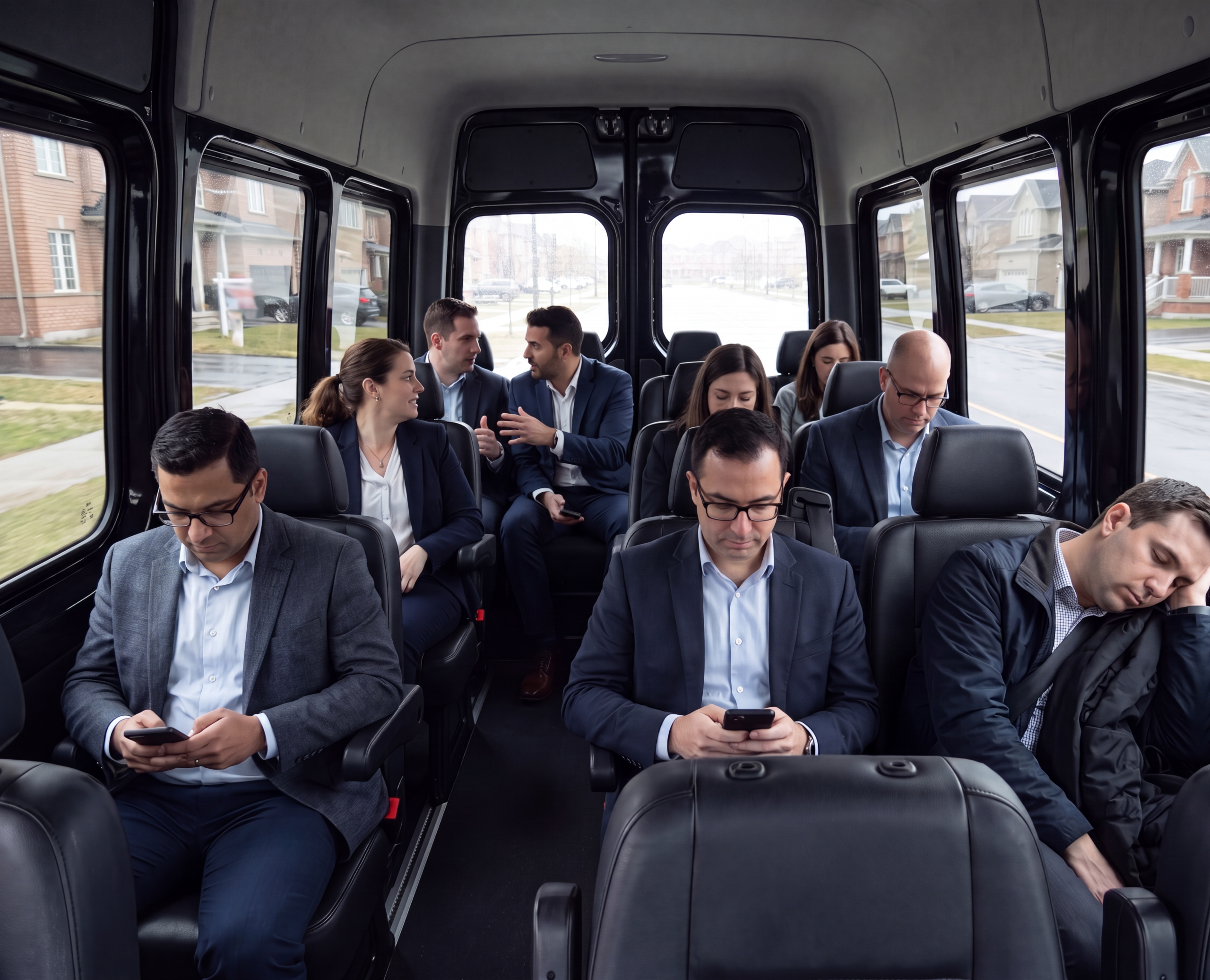 Sprinter Van Ski Shuttle Blue Mountain - 14-Pax from $175/hr 2 Interior of a black Sprinter van cabin with passengers seated in forward-facing rows, a residential street visible through the windows