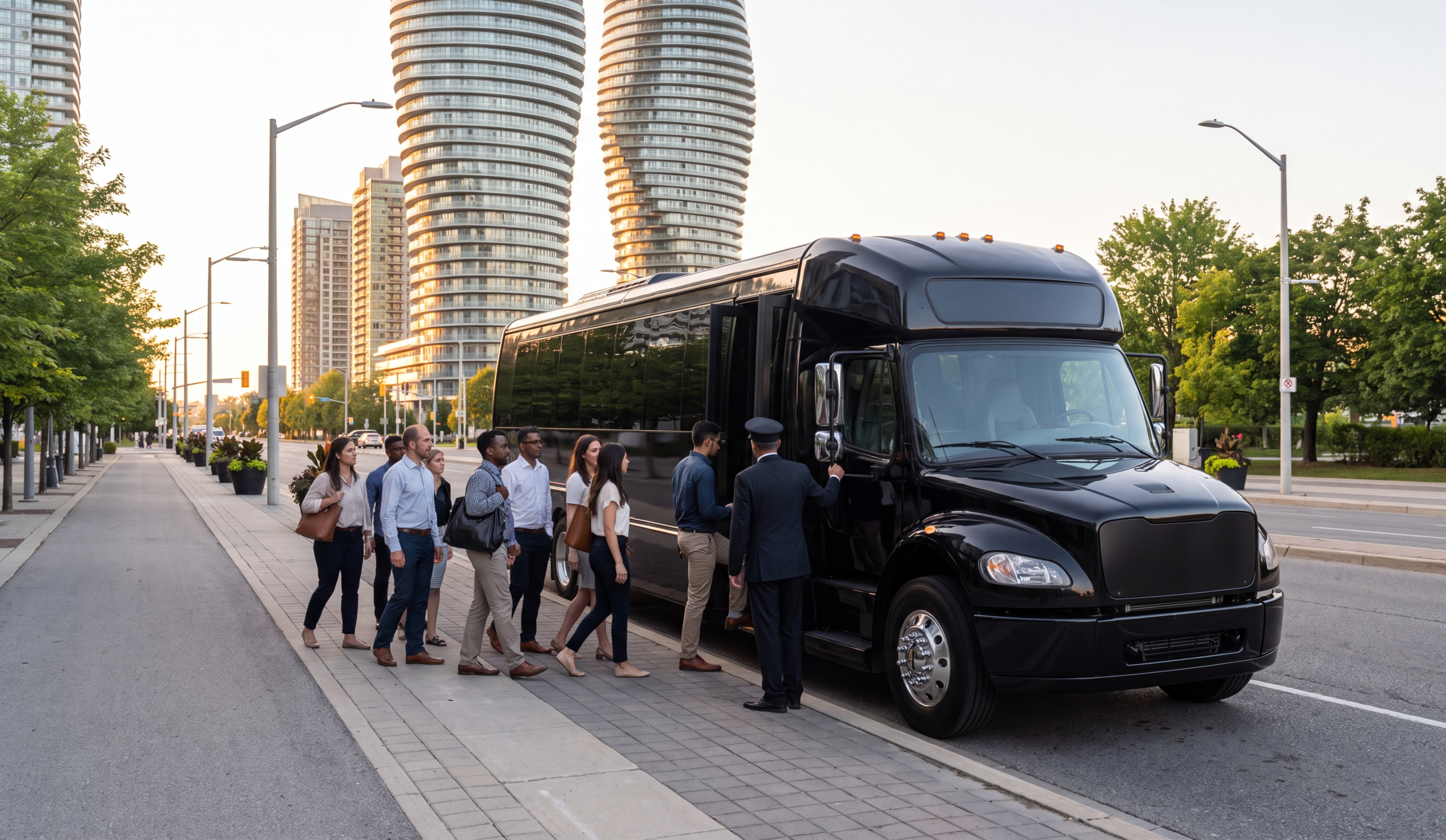 A line of business-casual travellers boarding a black mini coach on a city street at golden hour with a Mississauga skyline behind them