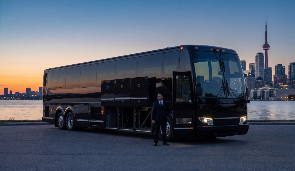 Black motorcoach parked on a waterfront road with the Toronto skyline behind at dusk