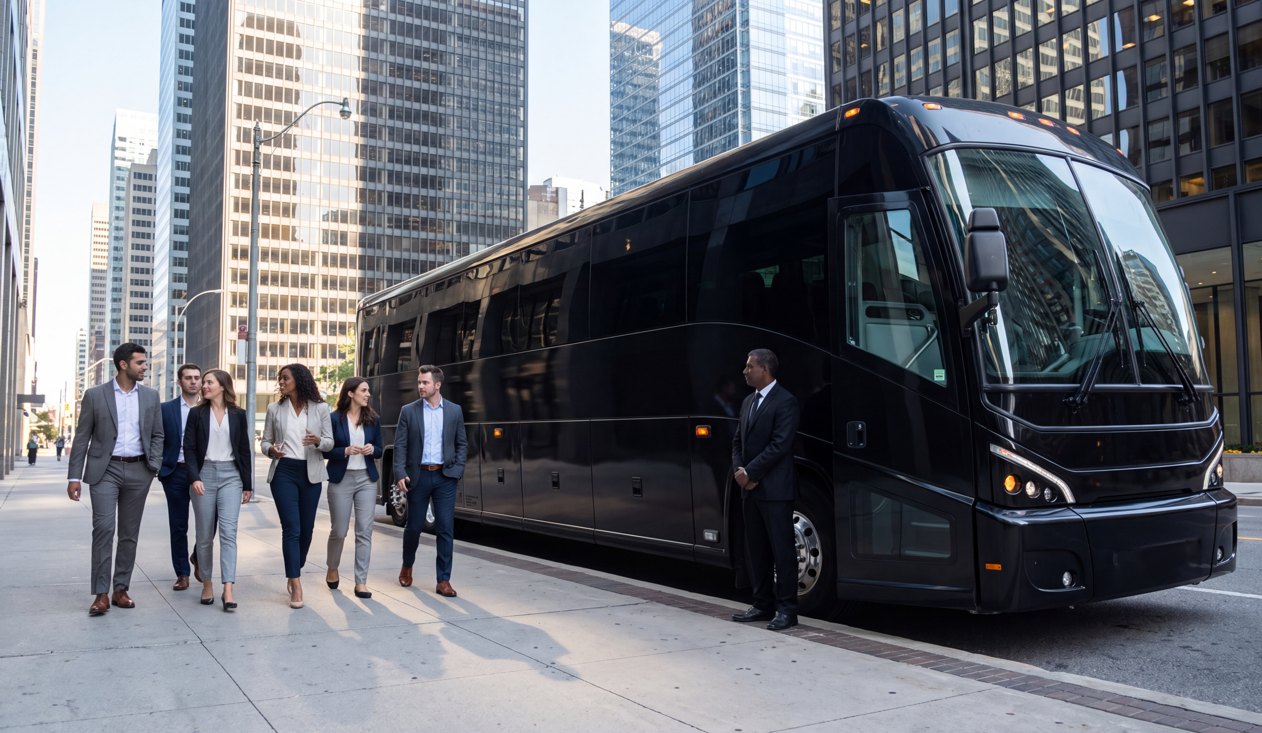 Corporate group boarding a black motorcoach on a financial district street in the morning