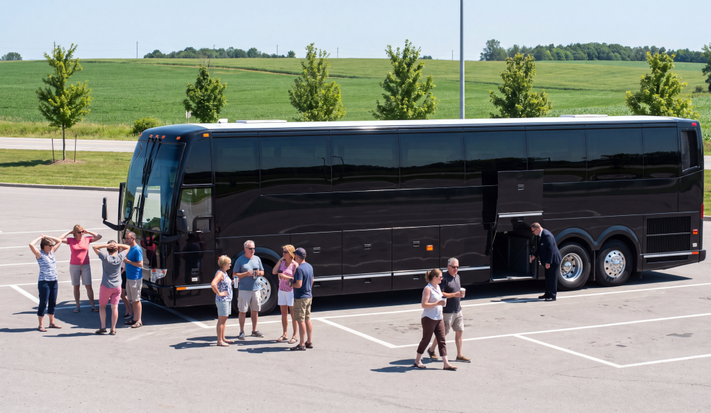 Black motorcoach at an Ontario highway rest stop with passengers stretching outside