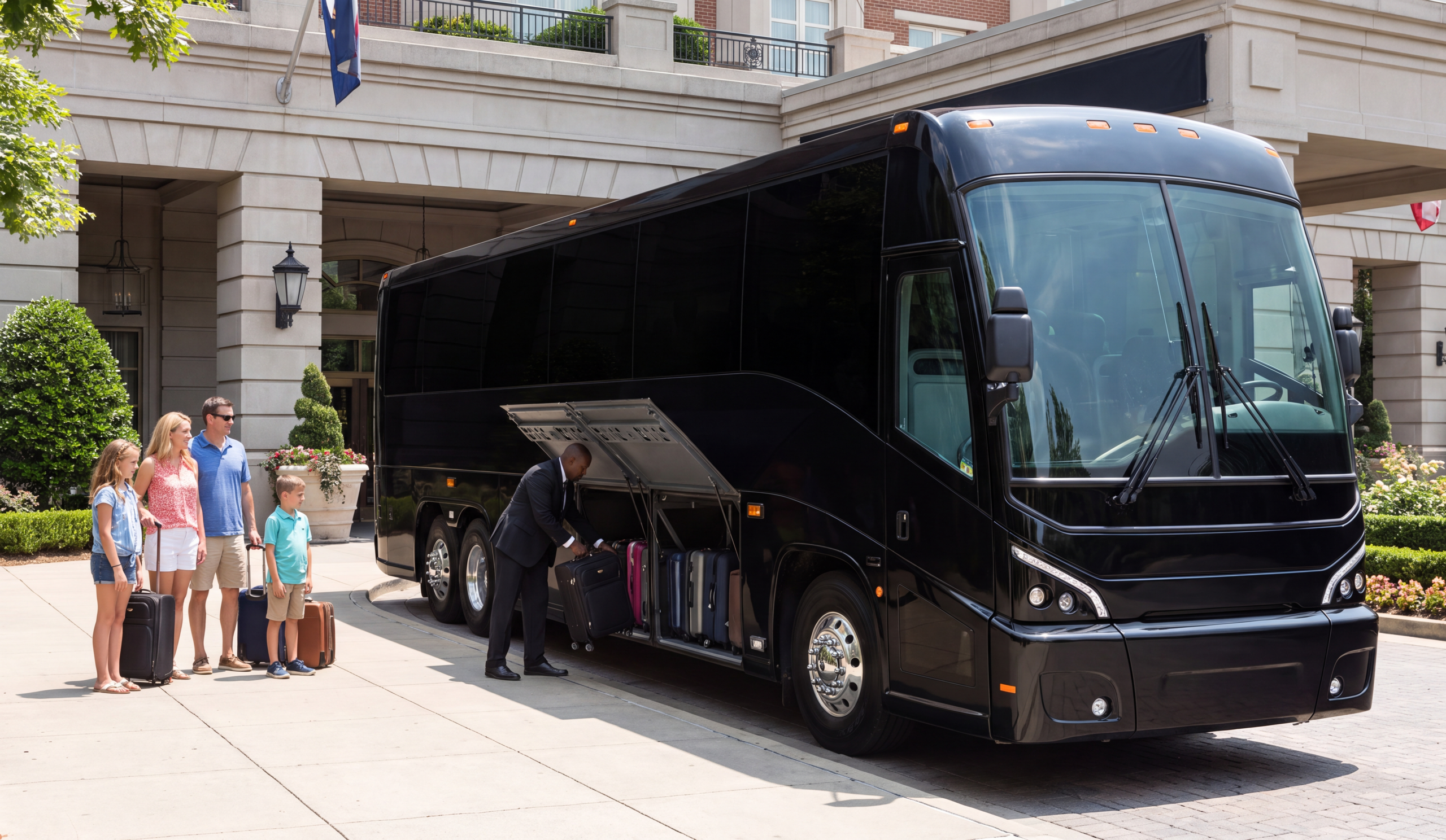 Chauffeur loading luggage into the open underbody bays of a black motorcoach