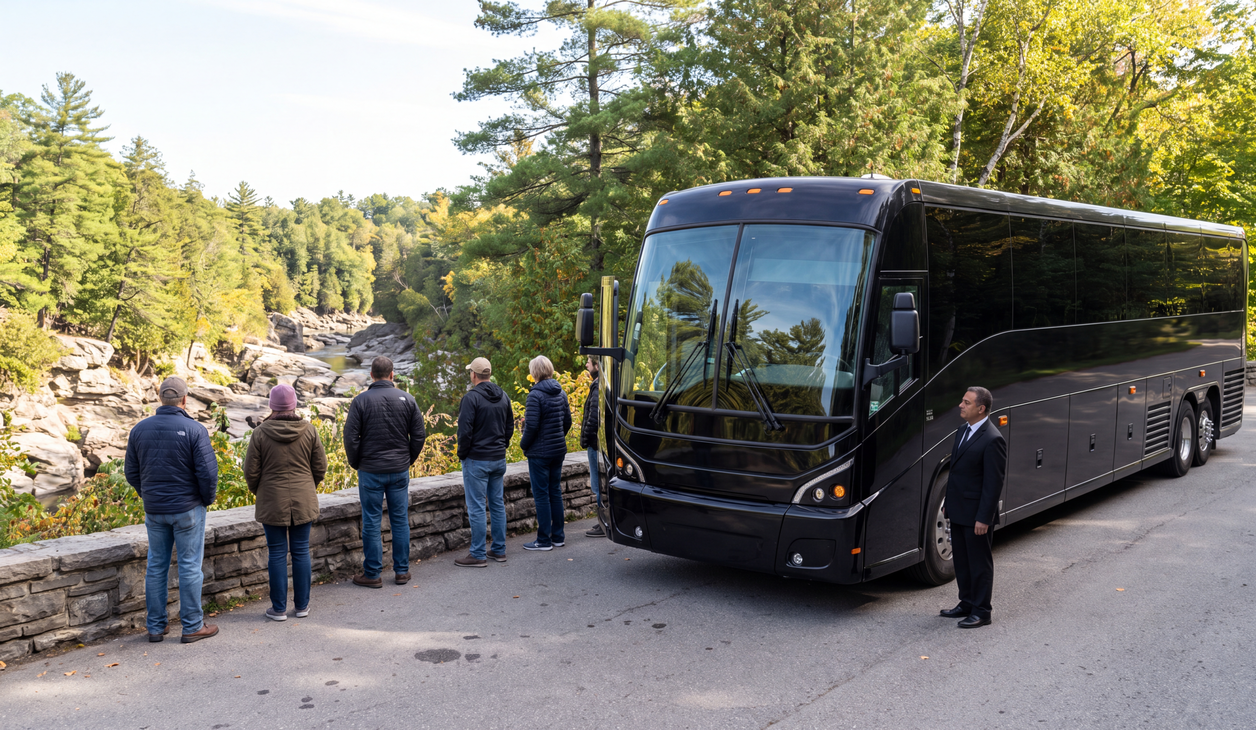 Black motorcoach at a Niagara Parkway overlook with the gorge greenery behind