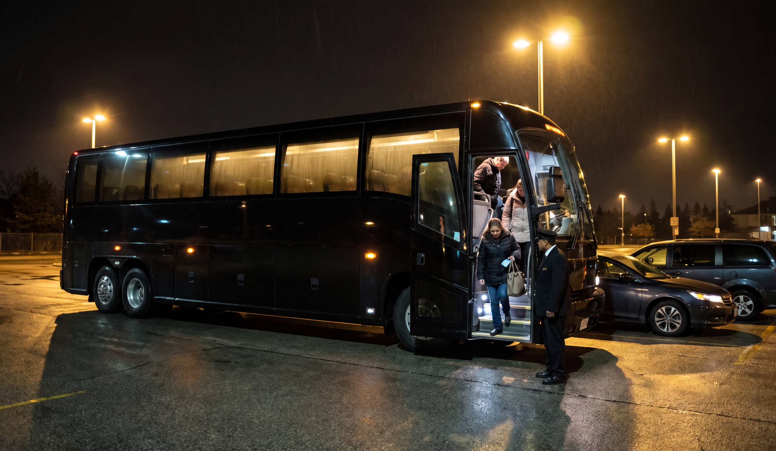 Passengers stepping off a black motorcoach at a quiet suburban stop at night