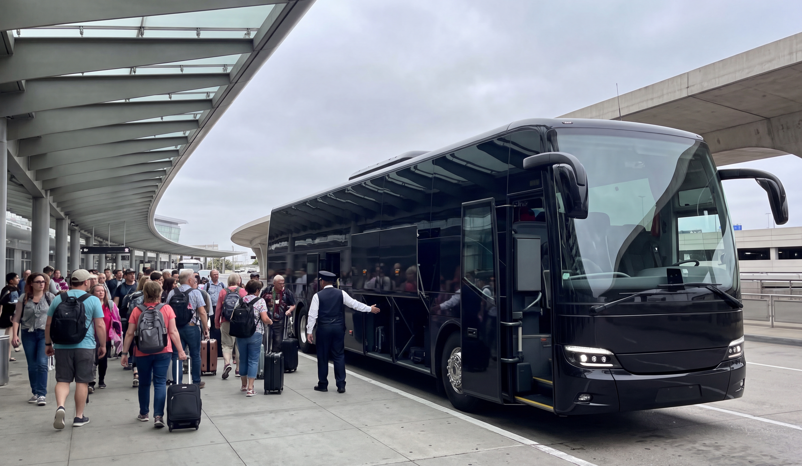 Black motorcoach collecting a large tour group at a Toronto airport coach kerb