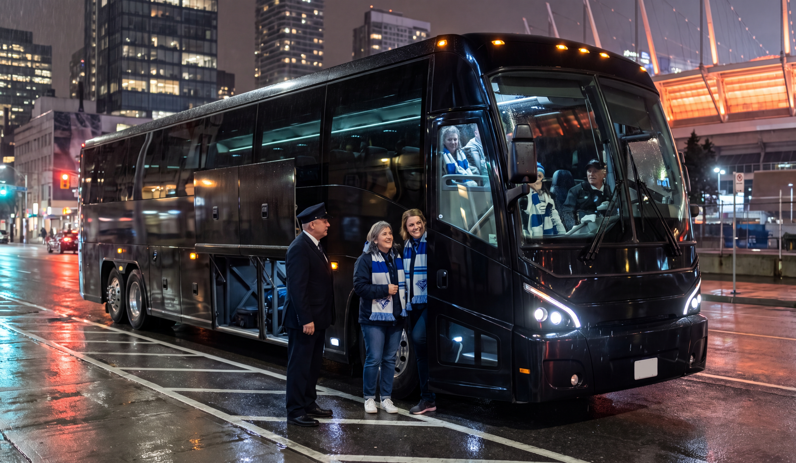 Fans boarding a black motorcoach on a downtown street after a Toronto game at night