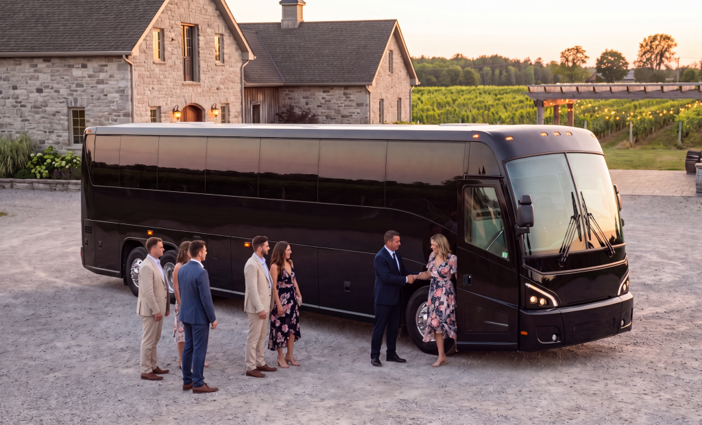 Black motorcoach dropping wedding guests at an Ontario estate venue at golden hour