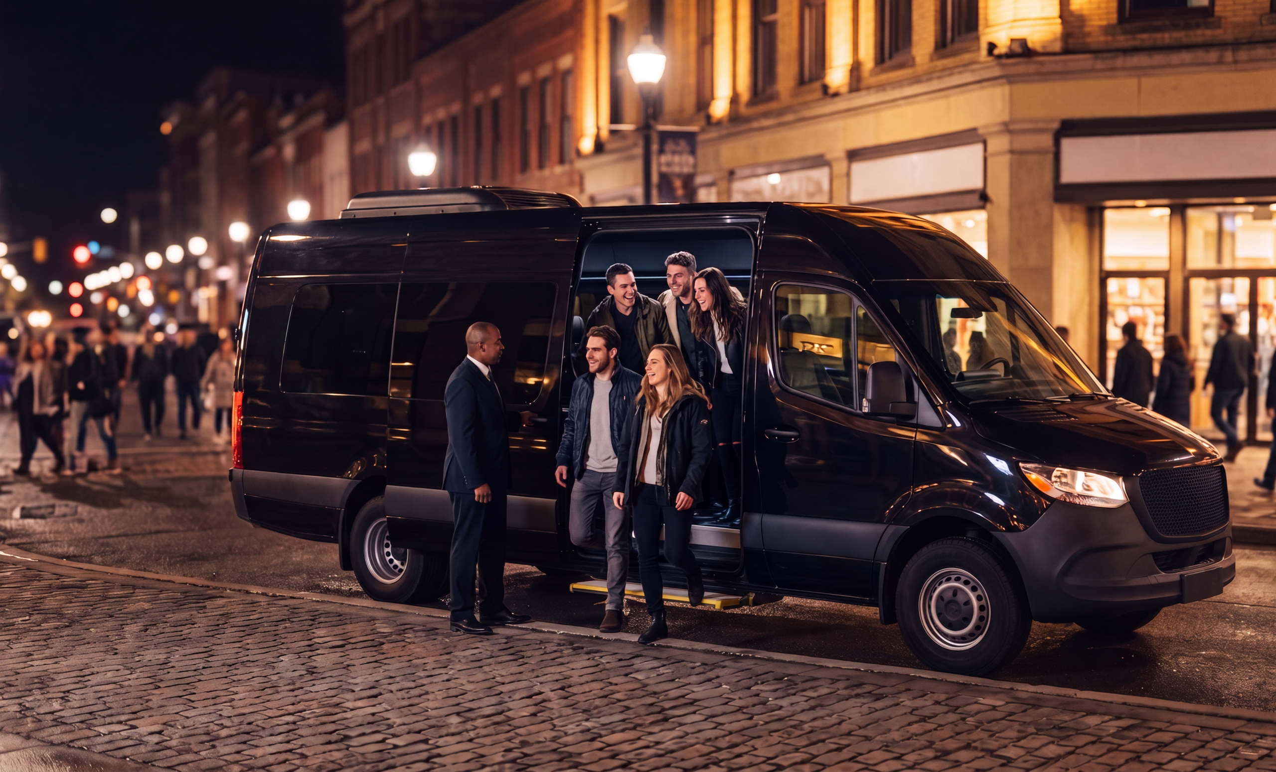 Black party van dropping a group near the Hamilton arena district on a concert night