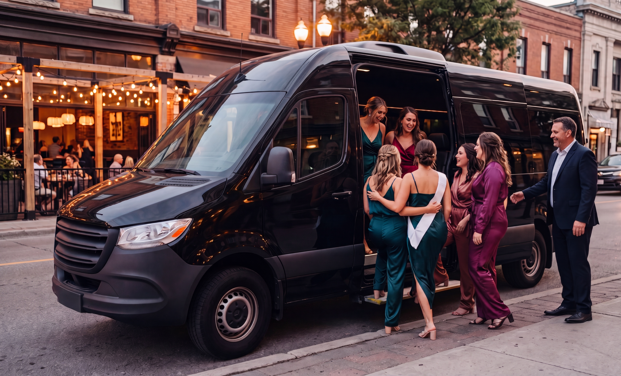 Bachelorette group boarding a black party van outside a Hamilton restaurant at dusk