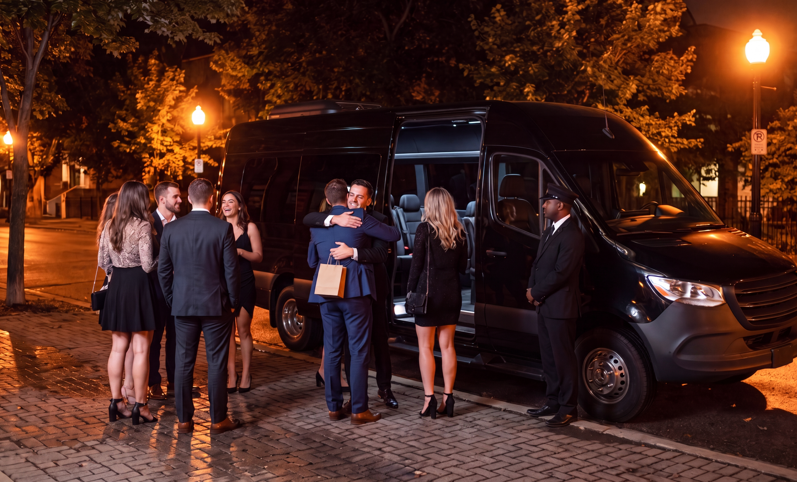 Birthday group celebrating beside a black party van in downtown Hamilton at night