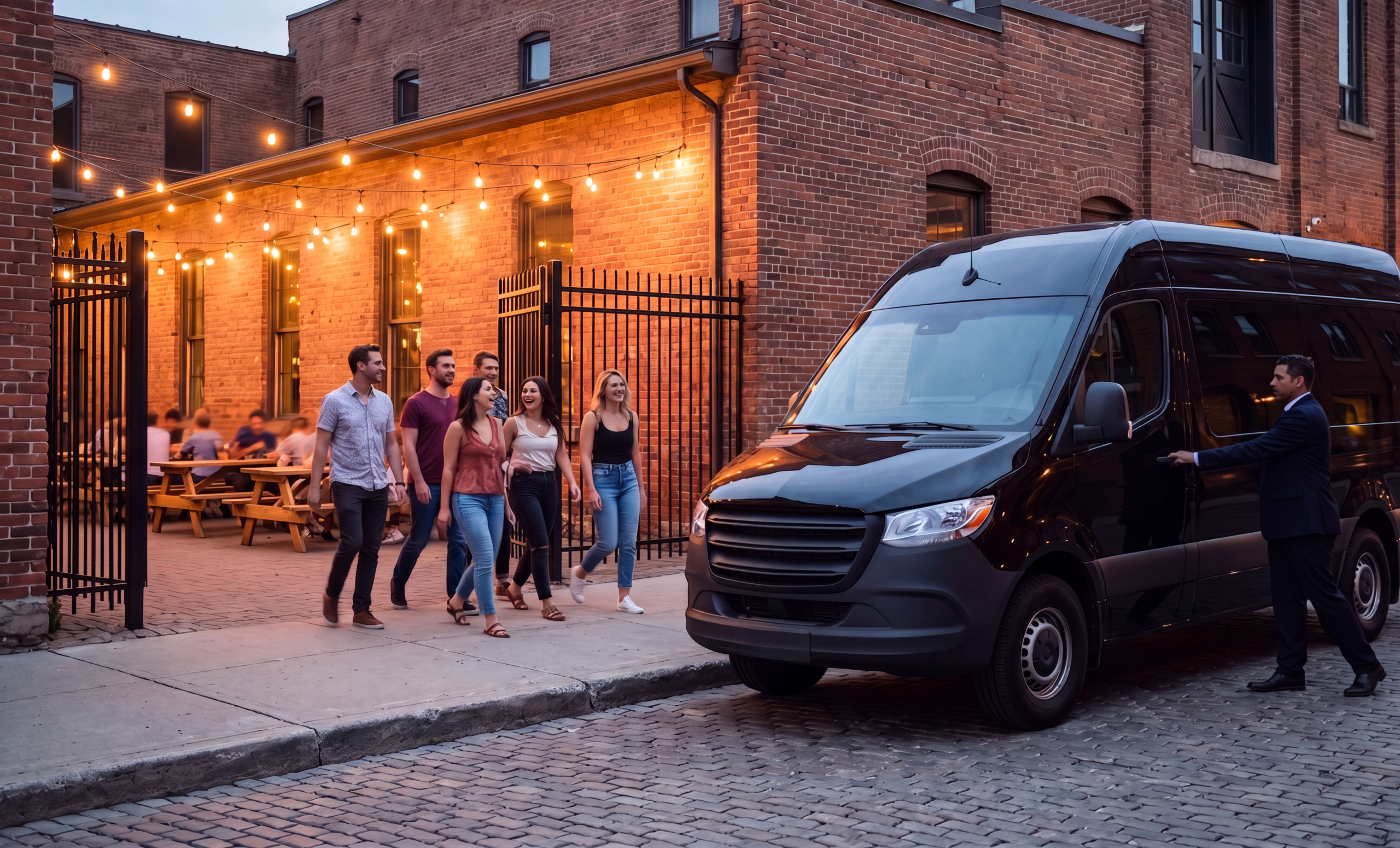 Friends walking from a black party van toward a Hamilton brewery patio at dusk