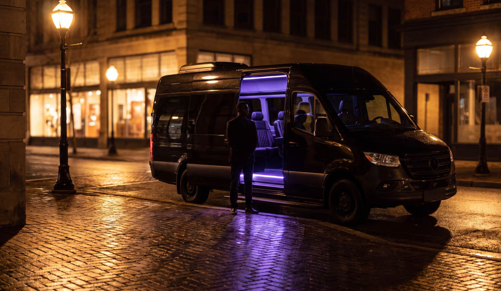 Black party van glowing at night on a downtown Hamilton corner