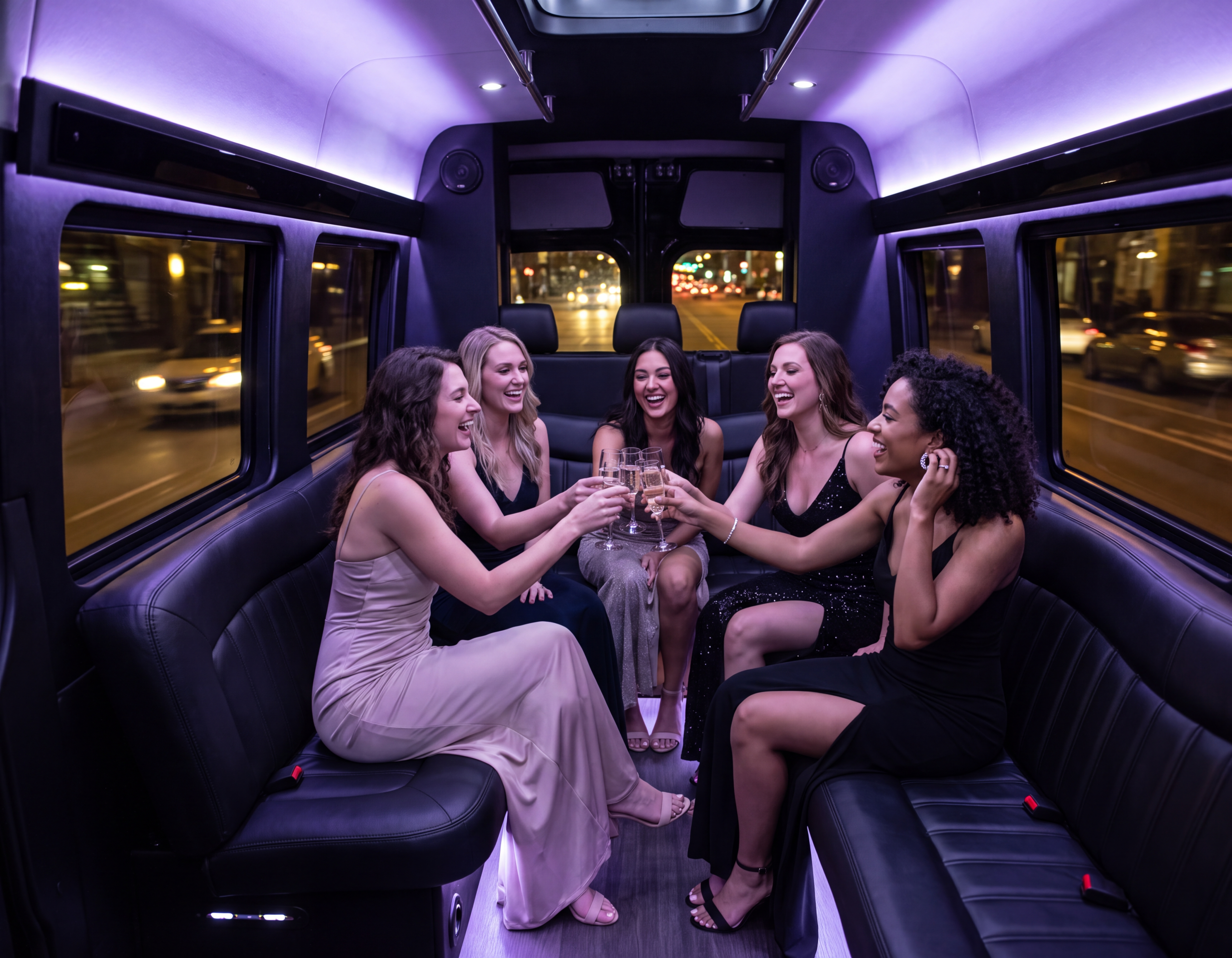 Friends toasting inside a black party van with mood lighting on a Hamilton night out