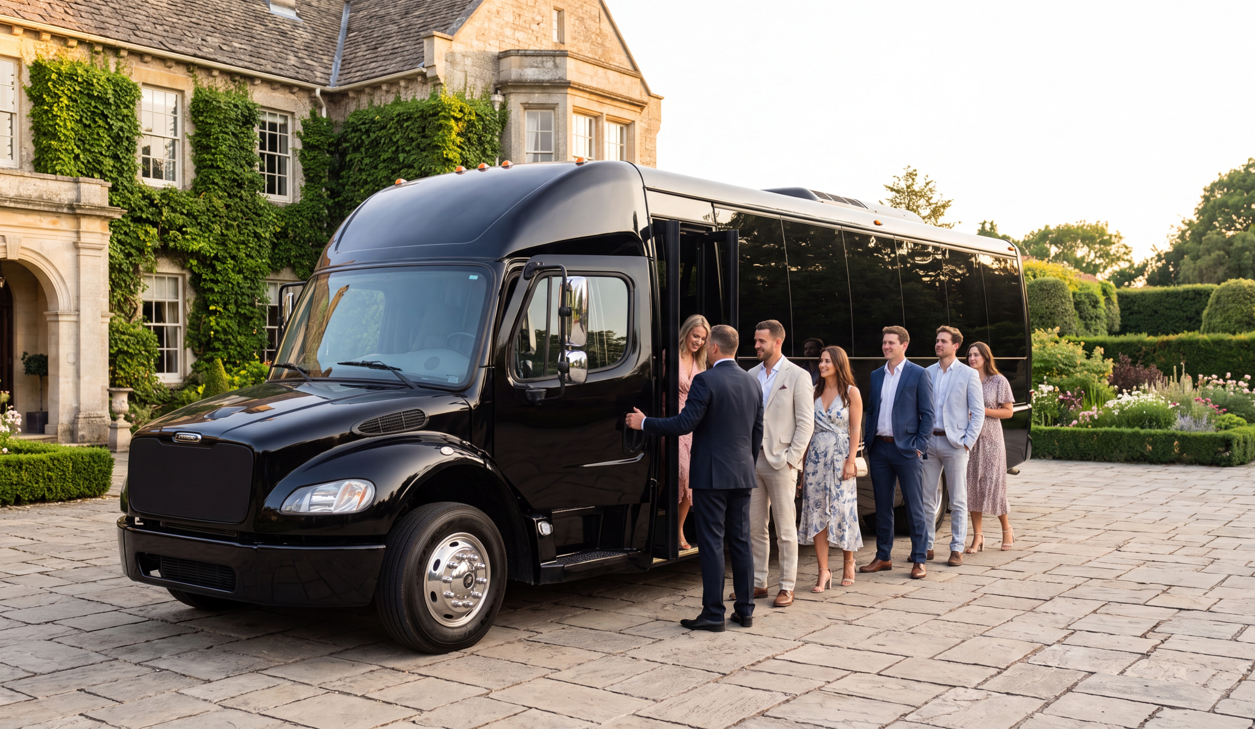 Black limousine bus staged at a stone estate wedding venue at golden hour