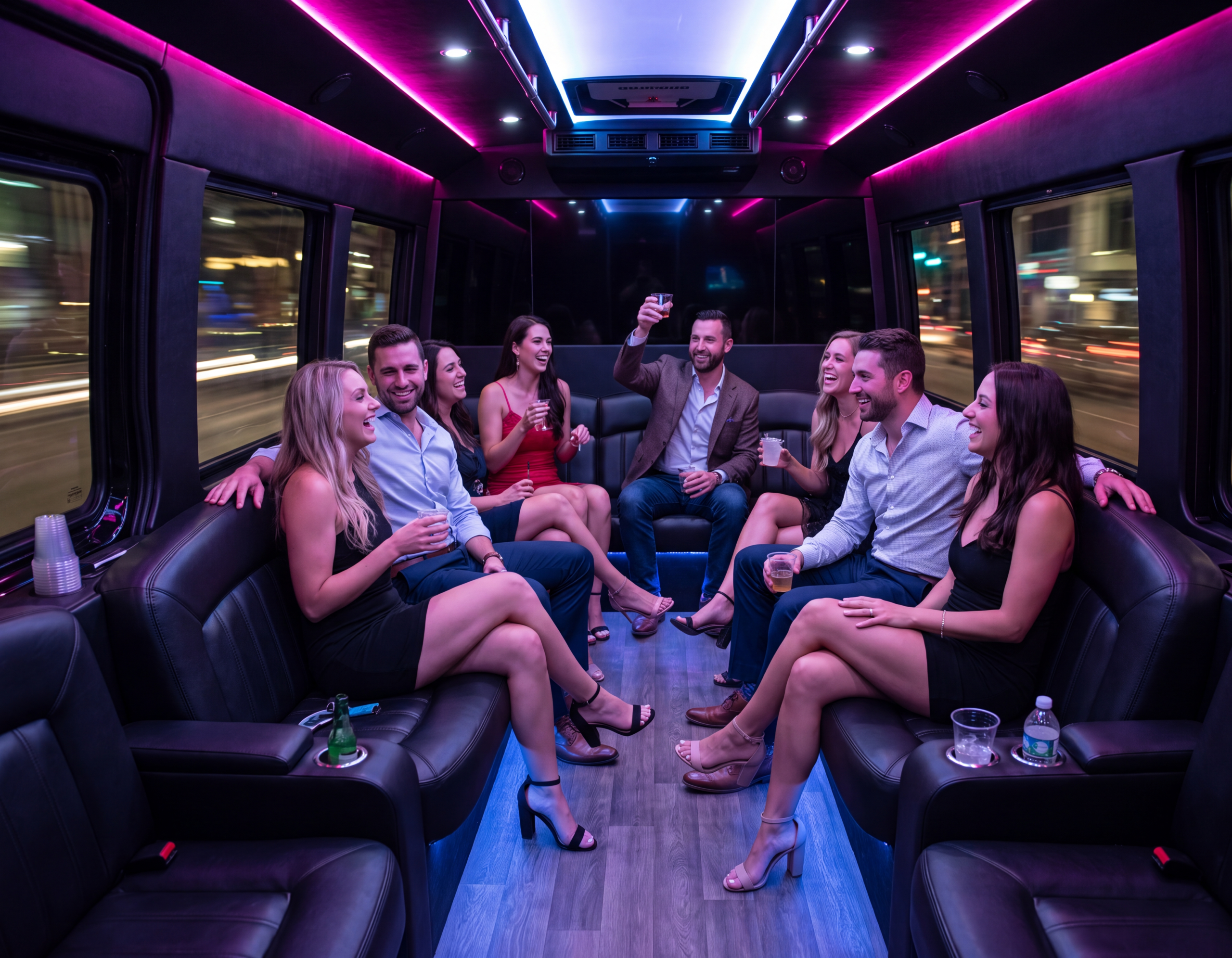 Friends celebrating inside a black party van with LED lighting in Hamilton