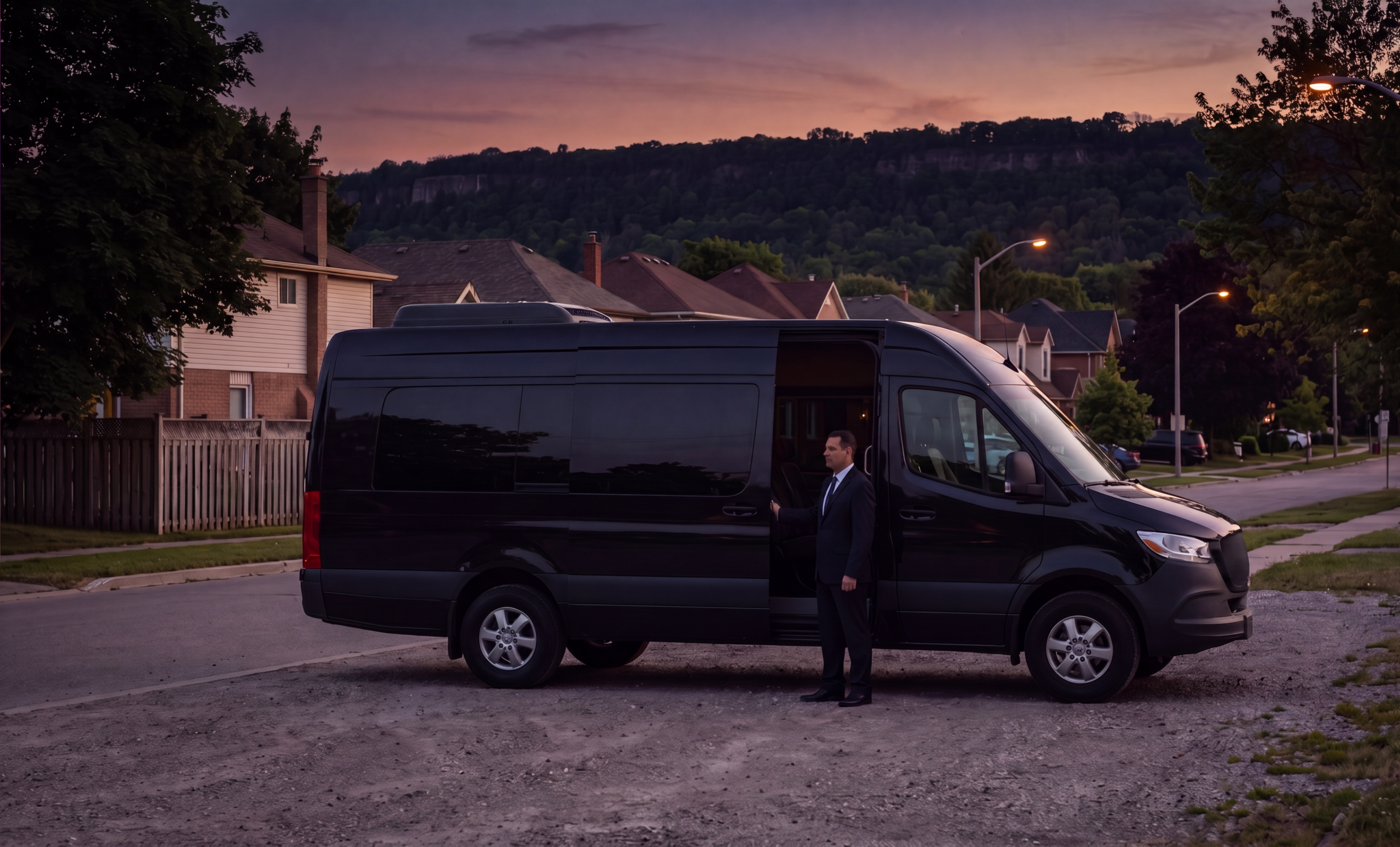 Black party van parked beneath the Hamilton escarpment at dusk