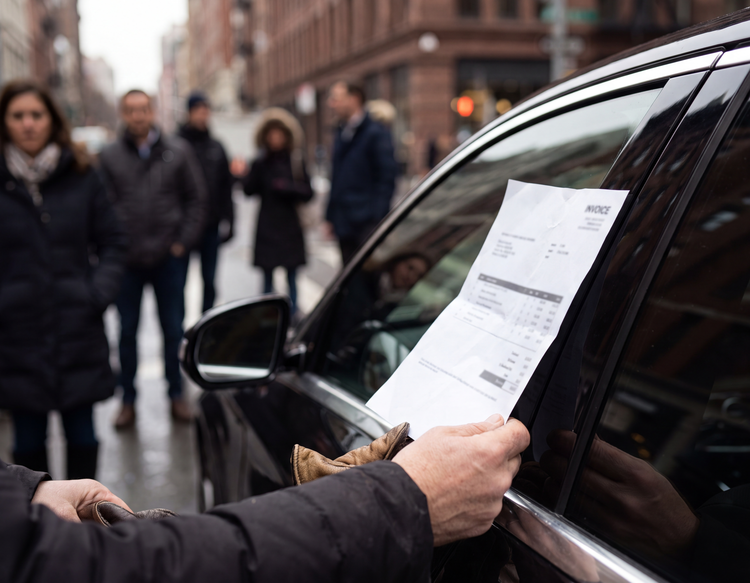 A chauffeur's hand holding a printed invoice against a car window on a downtown street