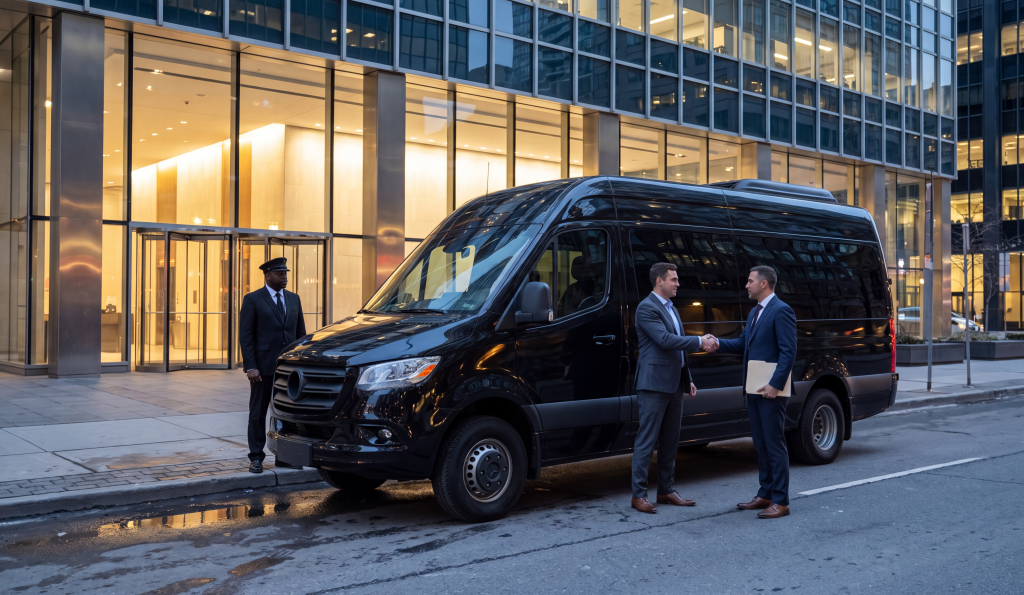 Two business people shaking hands beside a black Sprinter at dusk after a corporate event