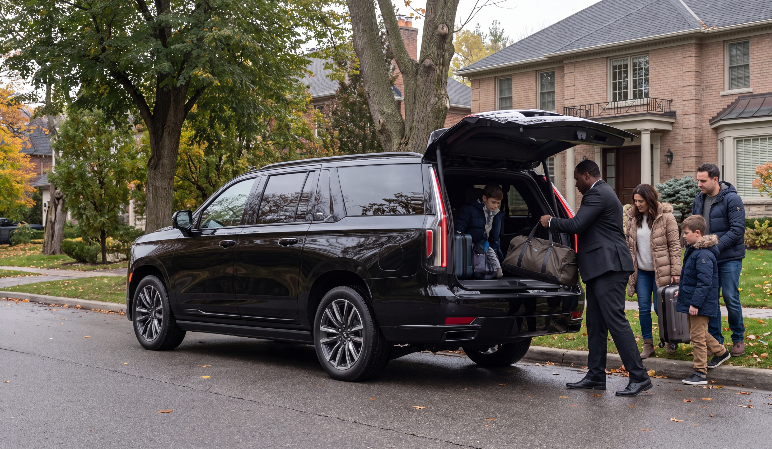 Chauffeur loading luggage into the open trunk of a black Cadillac Escalade for a family arriving at a residential pickup