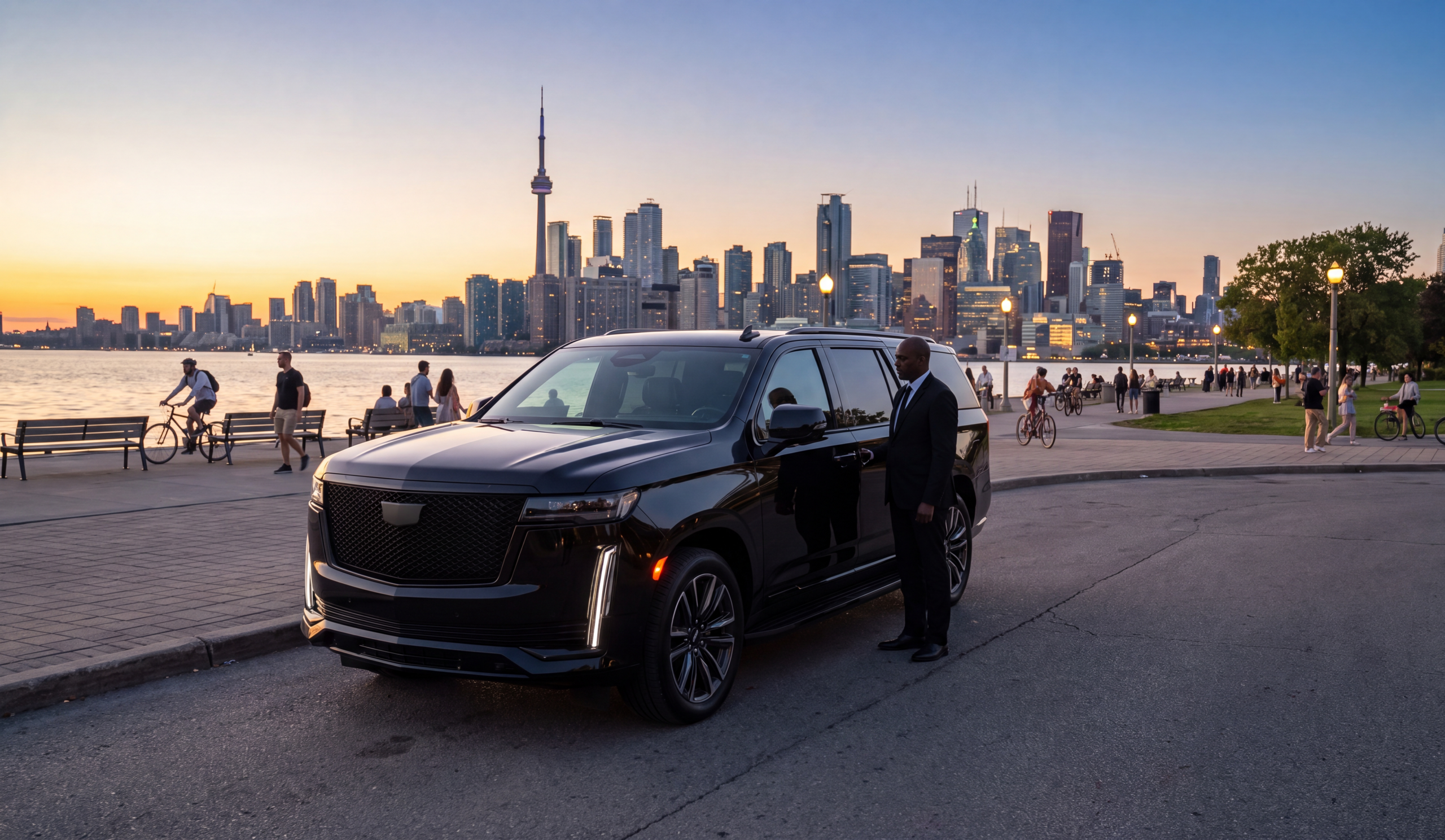 Black Escalade parked with the Toronto skyline behind at golden dusk
