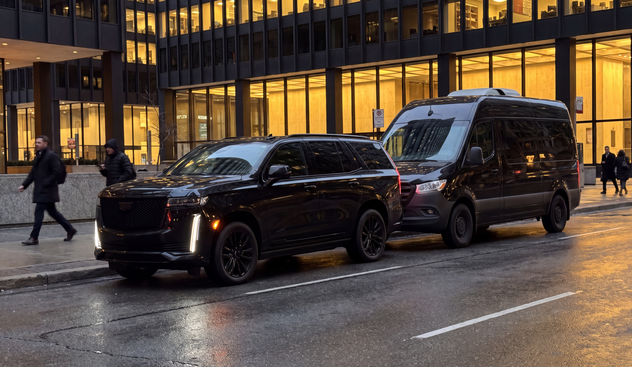 Black Cadillac Escalade ESV and black Mercedes-Benz Sprinter parked together on a downtown street at dusk