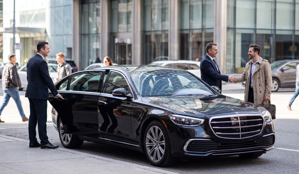 Chauffeur and client shaking hands beside a black sedan after a fixed quote