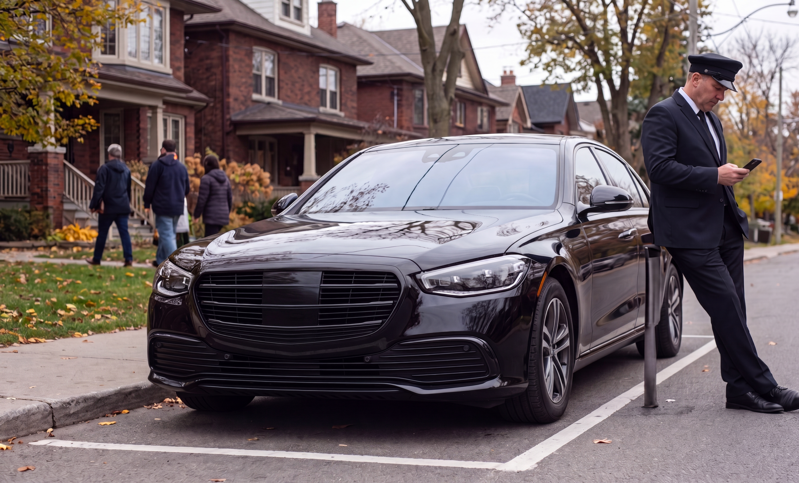 Prince Edward County Group Wine Tastings & Day Trip Transportation 7 A chauffeur in a black suit and driver cap waiting beside a black Mercedes-Benz sedan on a quiet residential street