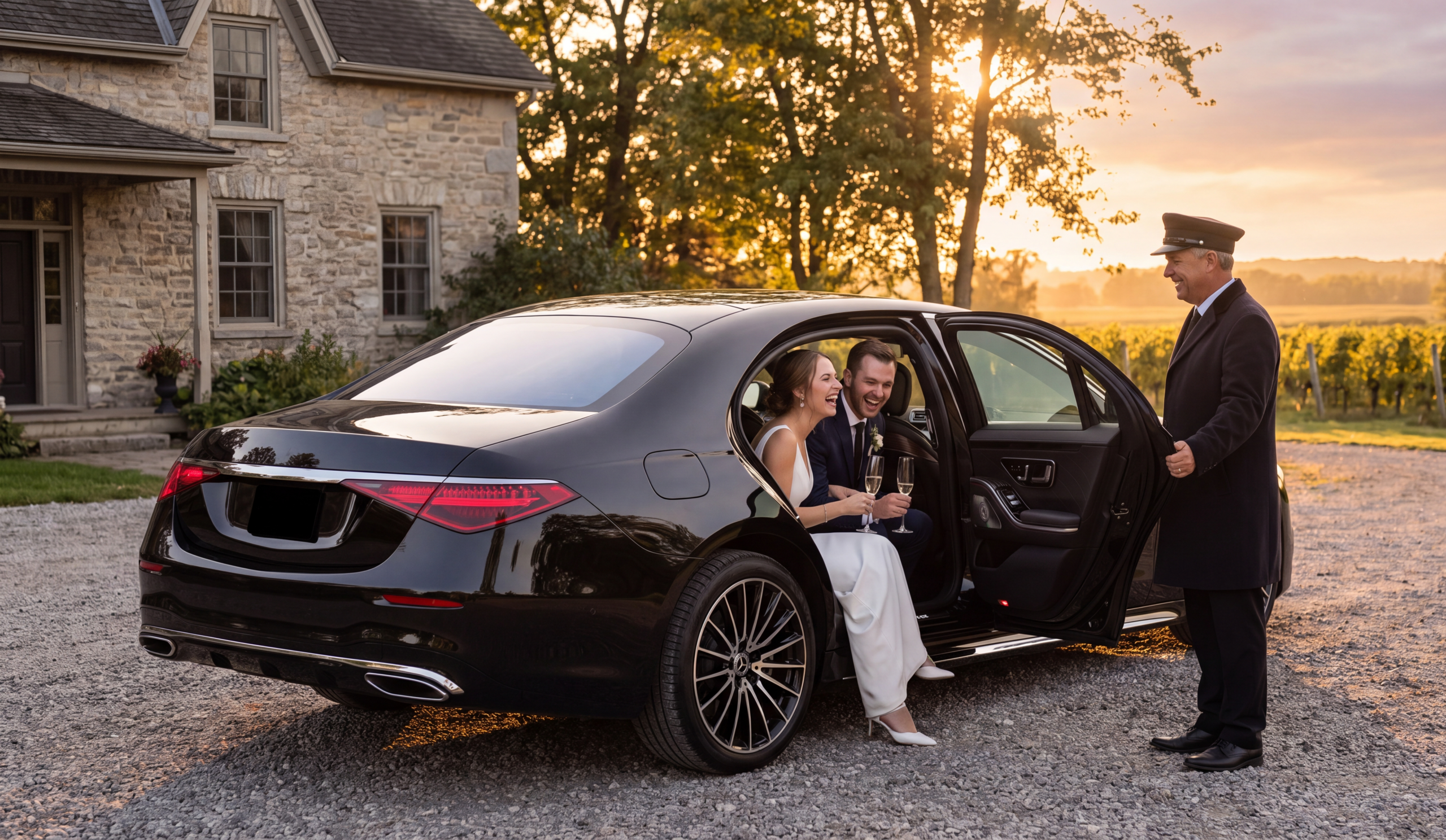Chauffeur helping a guest from a black Mercedes sedan at an estate at golden hour